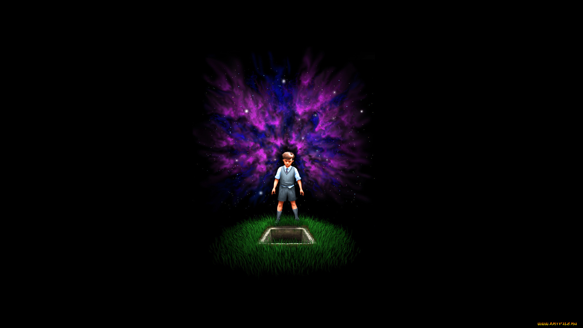 ребенок, рисованные, минимализм, галактика, космос, мальчик, трава, вселенная