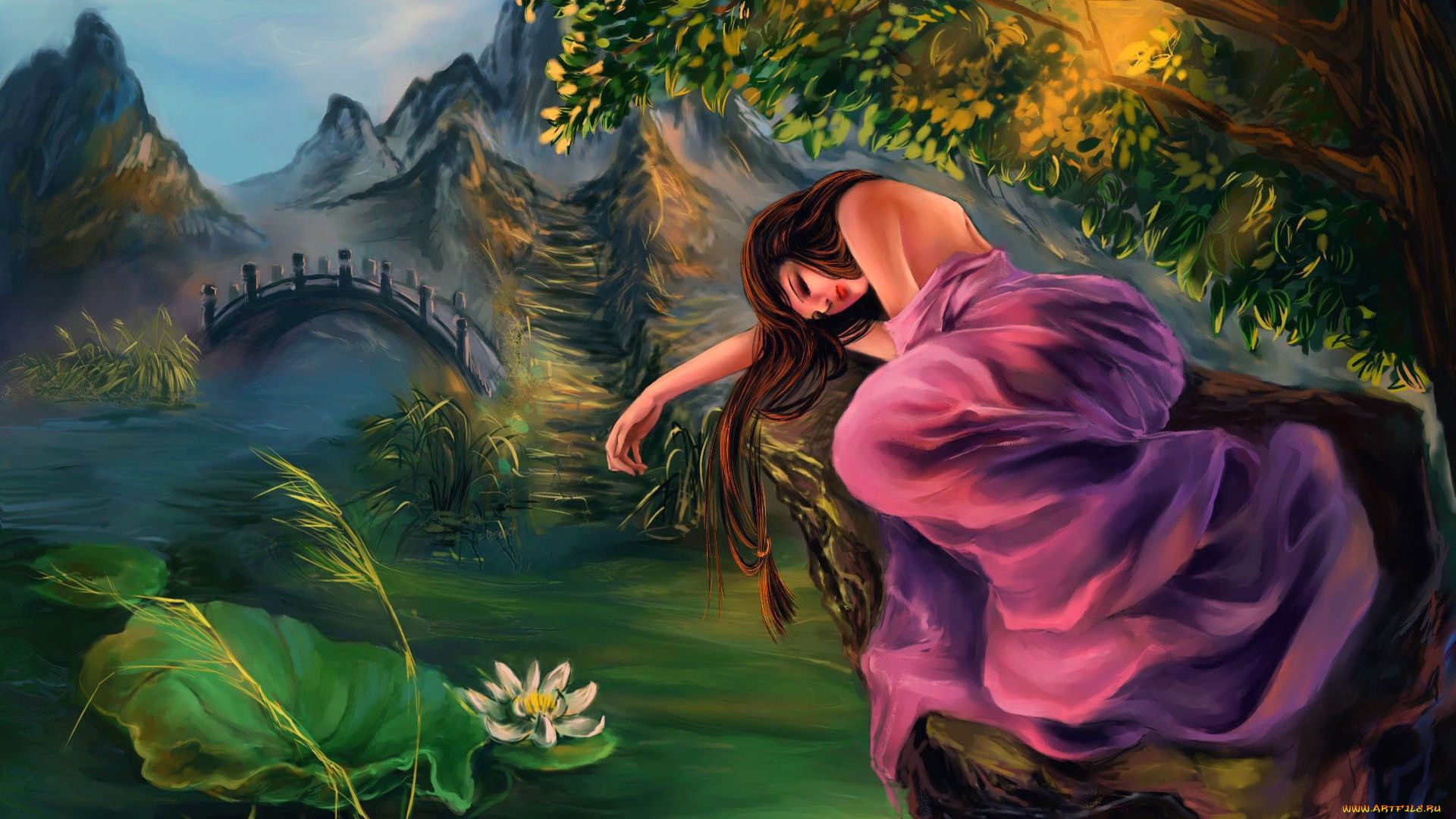 рисованные, люди, девушка, мост, лотос