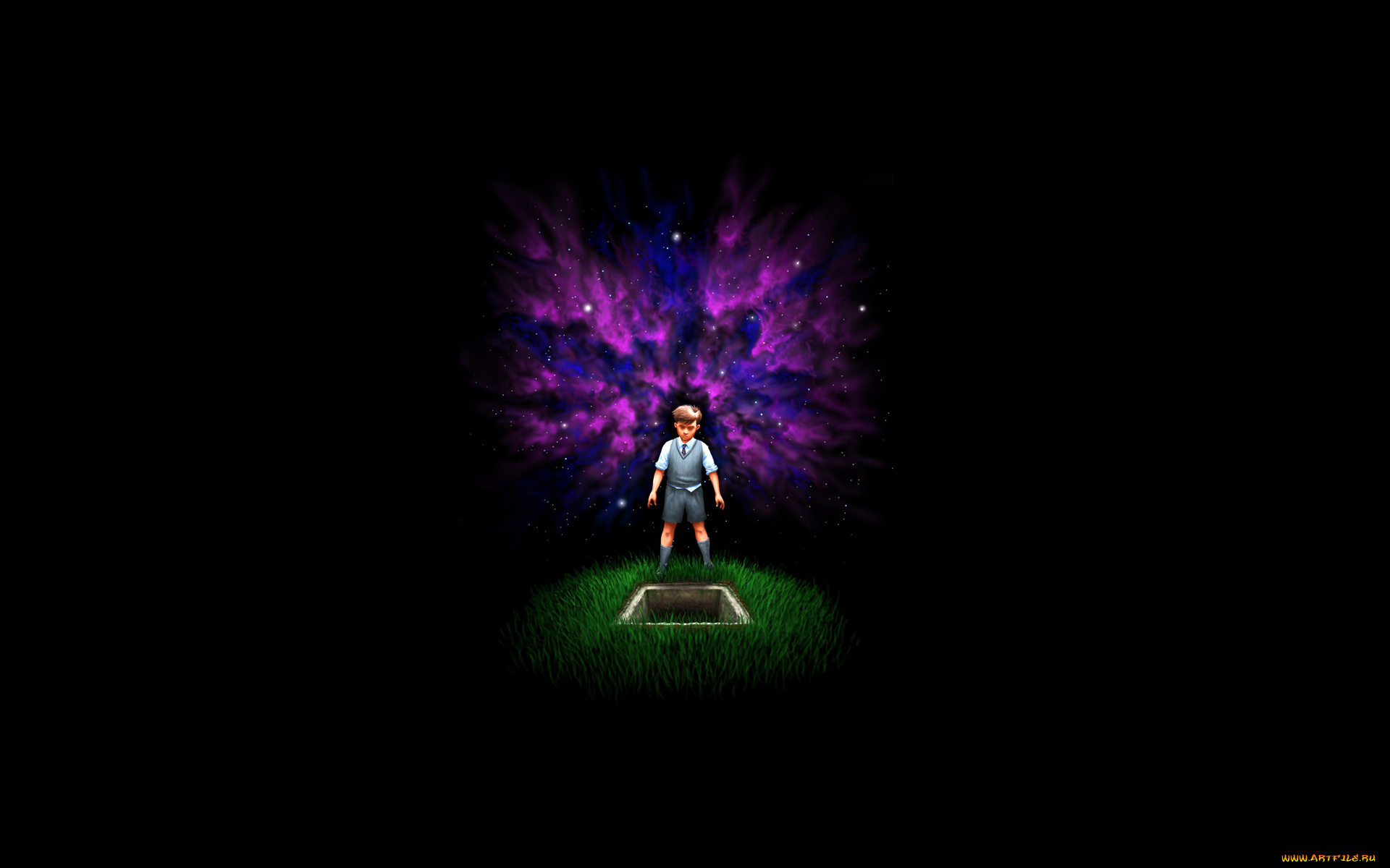 ребенок, рисованные, минимализм, галактика, космос, мальчик, трава, вселенная