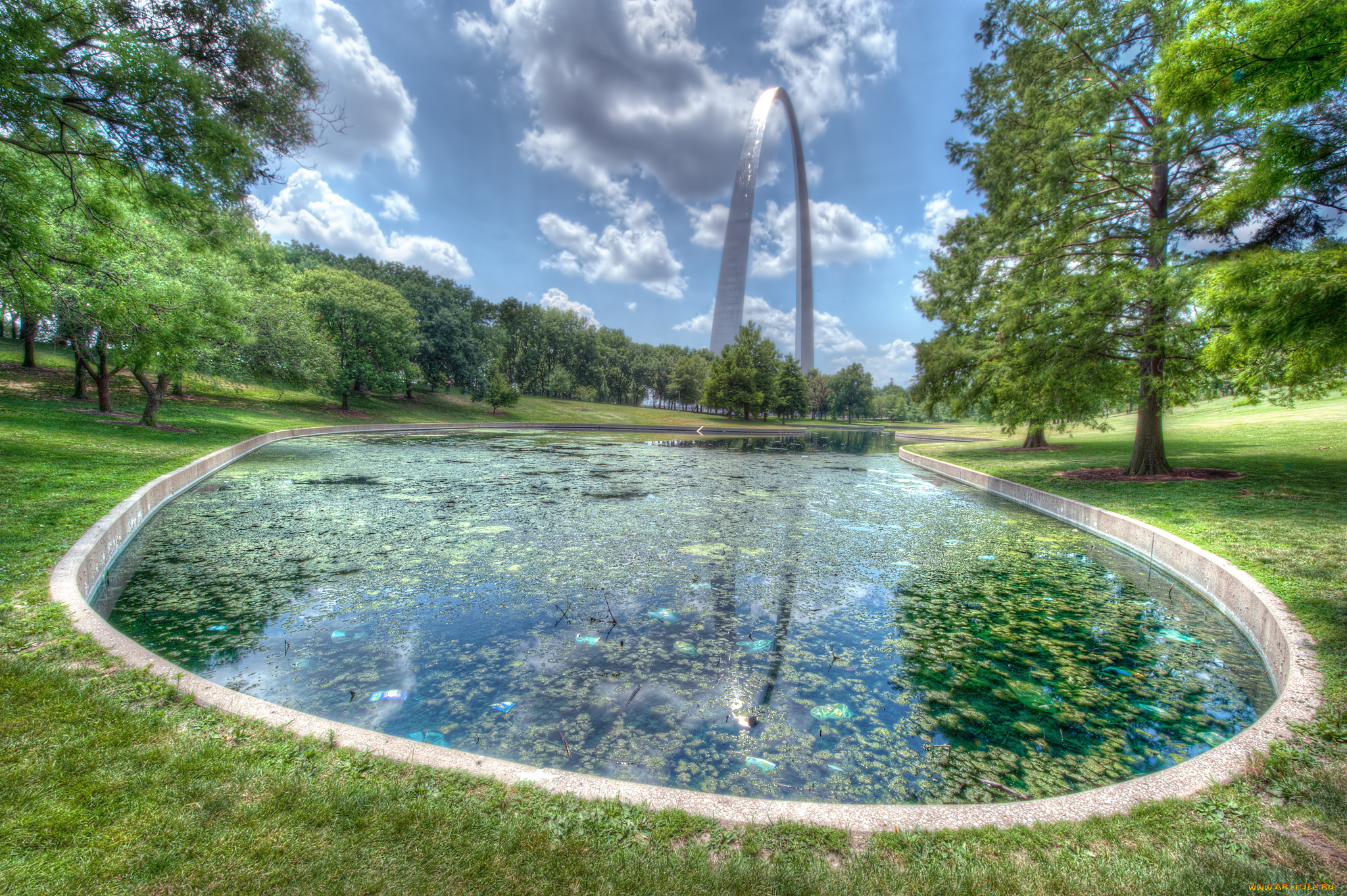 природа, парк, трава, деревья, пруд