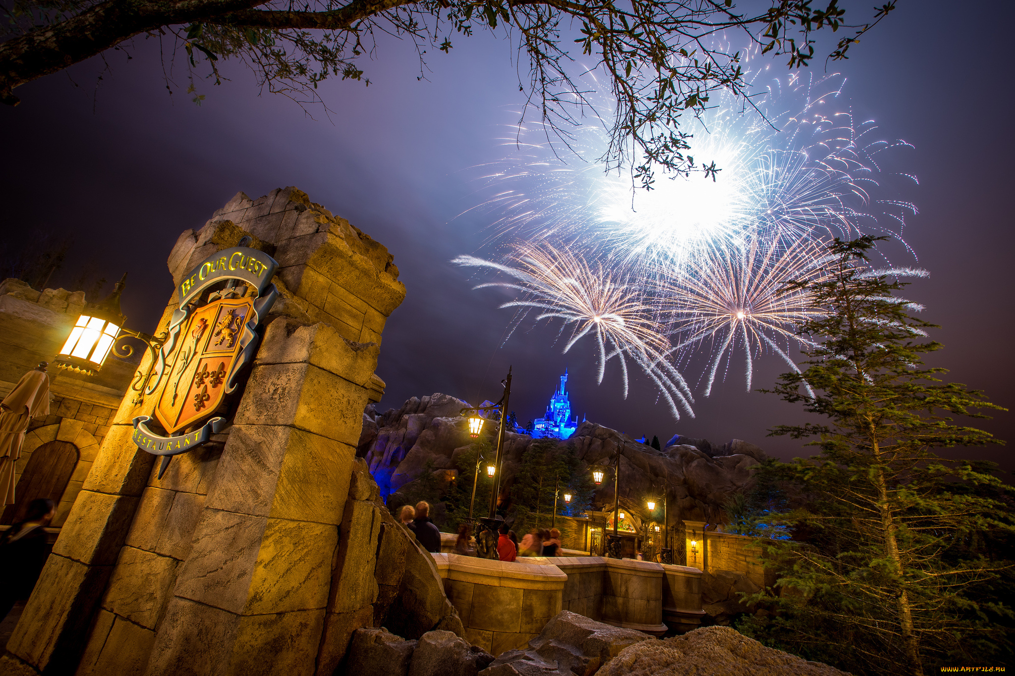города, диснейленд, фейерверк, парк, ночь
