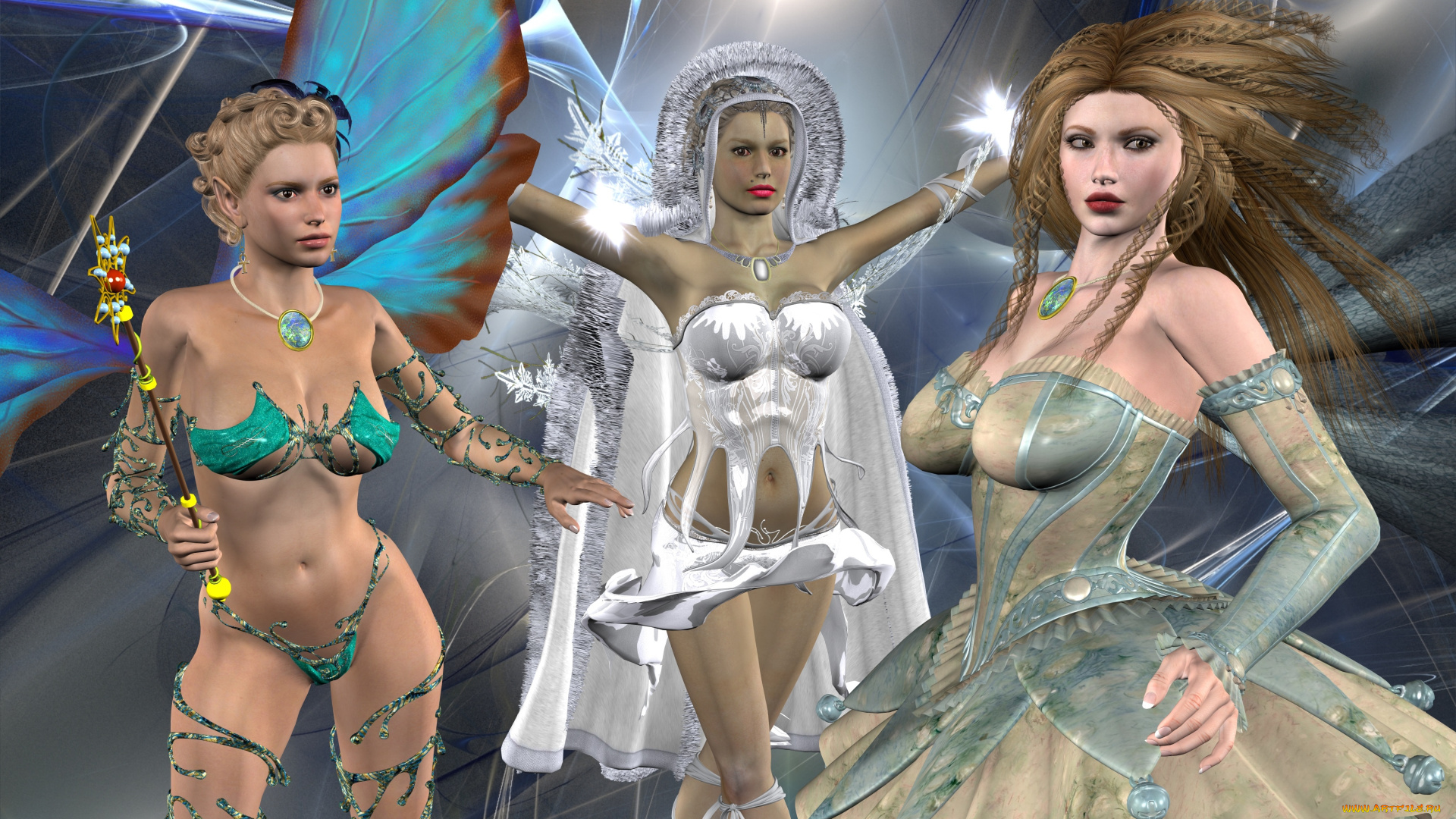 3д, графика, эльфы, , elves, фон, взгляд, эльфийки