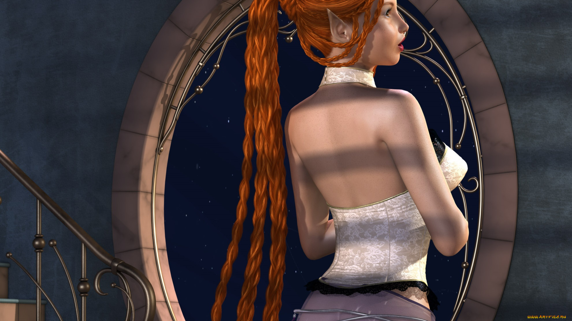 3д, графика, эльфы, , elves, взгляд, эльфийка, рыжая, фон