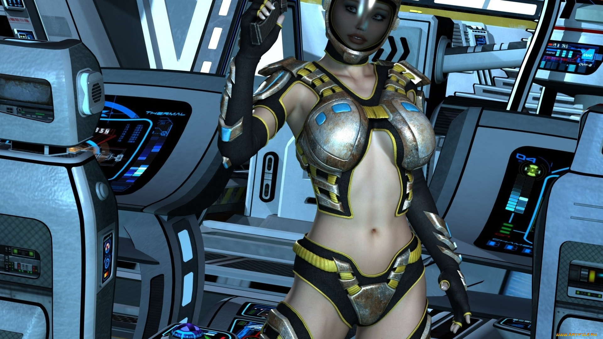 3д, графика, фантазия, , fantasy, девушка, взгляд, фон, оружие