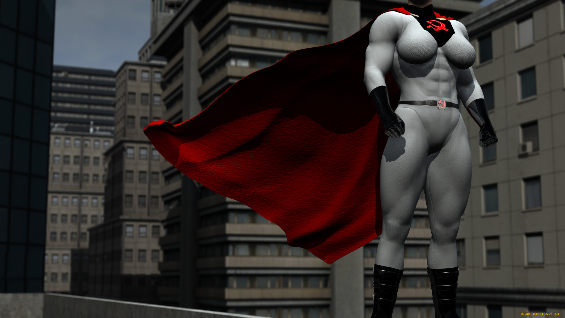 3д, графика, фантазия, , fantasy, супермен, накидка, город, дома, фон, взгляд, девушка