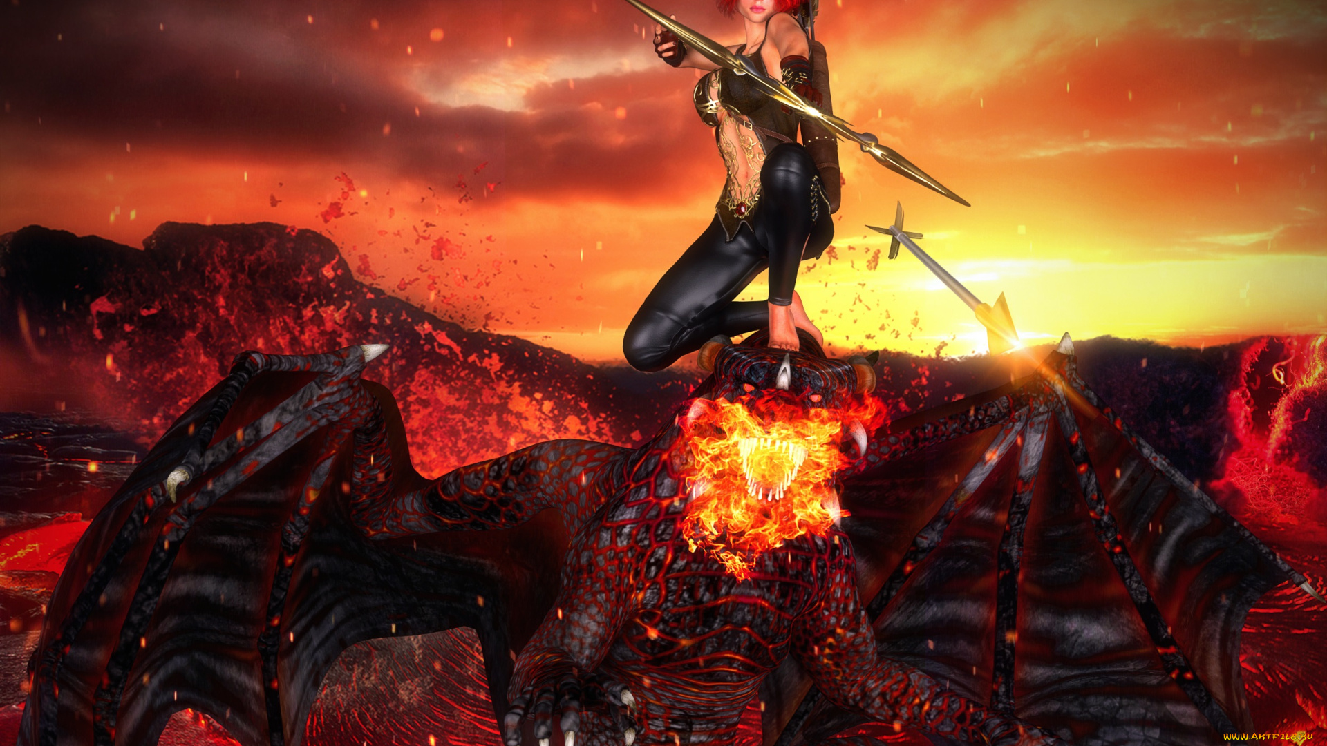 3д, графика, фантазия, , fantasy, взгляд, девушка, огонь, дракон, фон, оружие