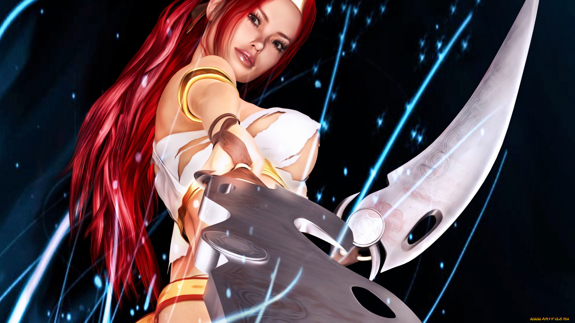 3д, графика, фракталы, , fractal, рыжая, фон, взгляд, девушка, оружие