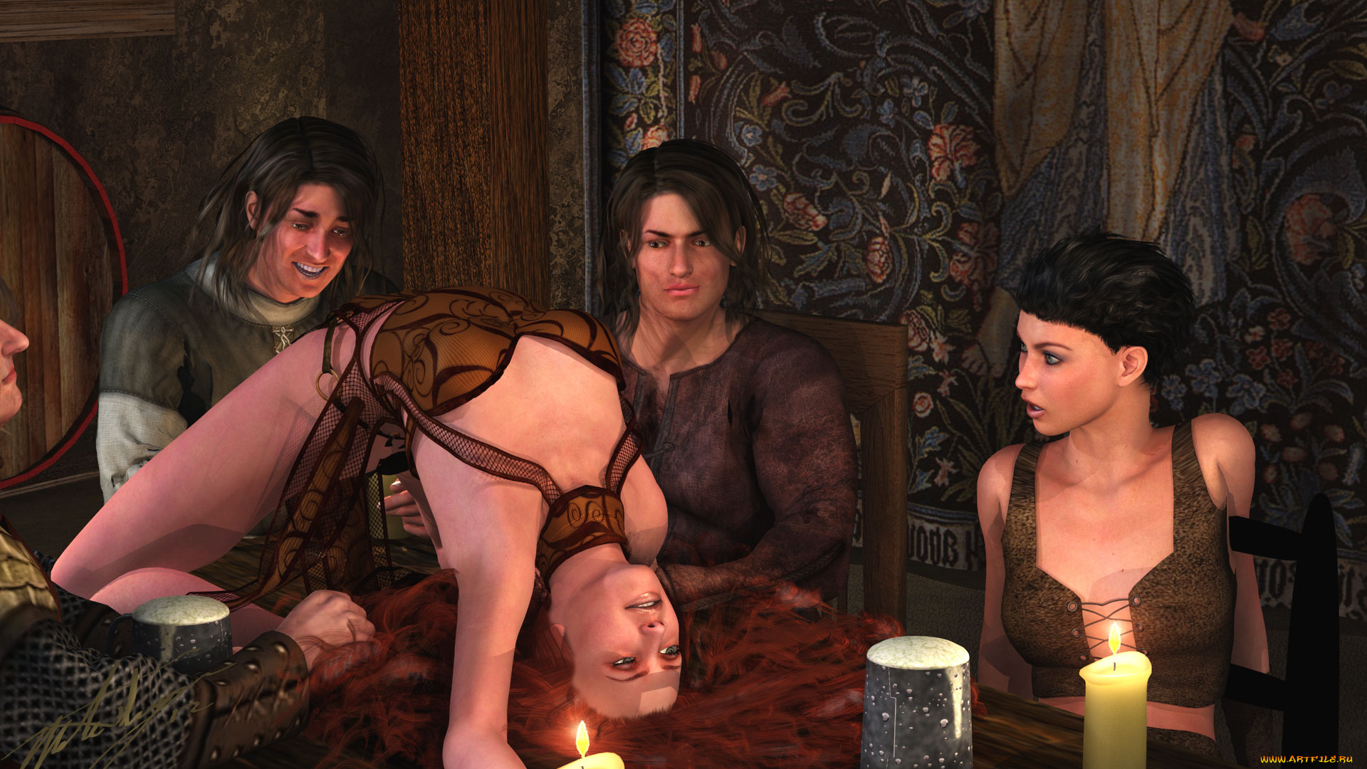 3д, графика, люди, , people, девушка, взгляд, фон, танец, свечи, парни