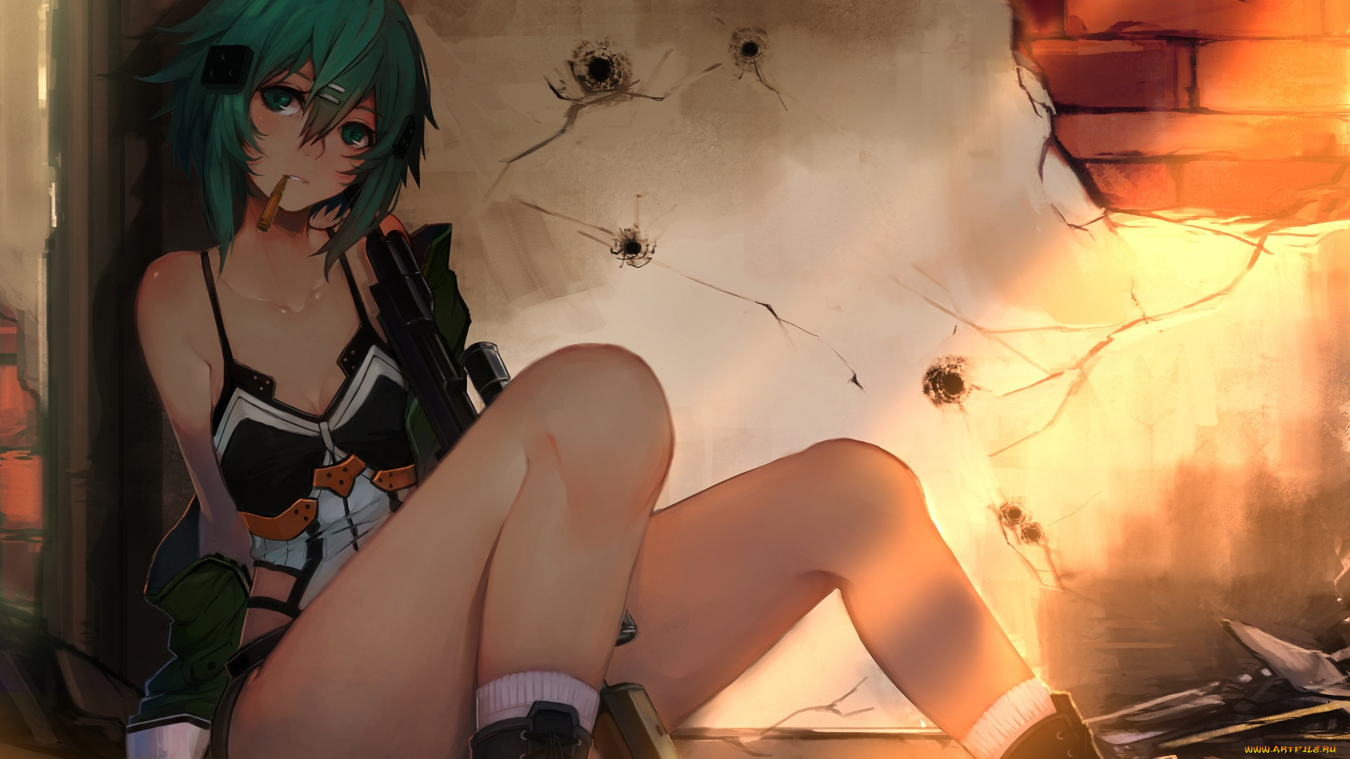 аниме, sword, art, online, пуля, отверстия, кирпич, заколка, девушка, sola7764, стена, винтовка, оружие, asada, shino