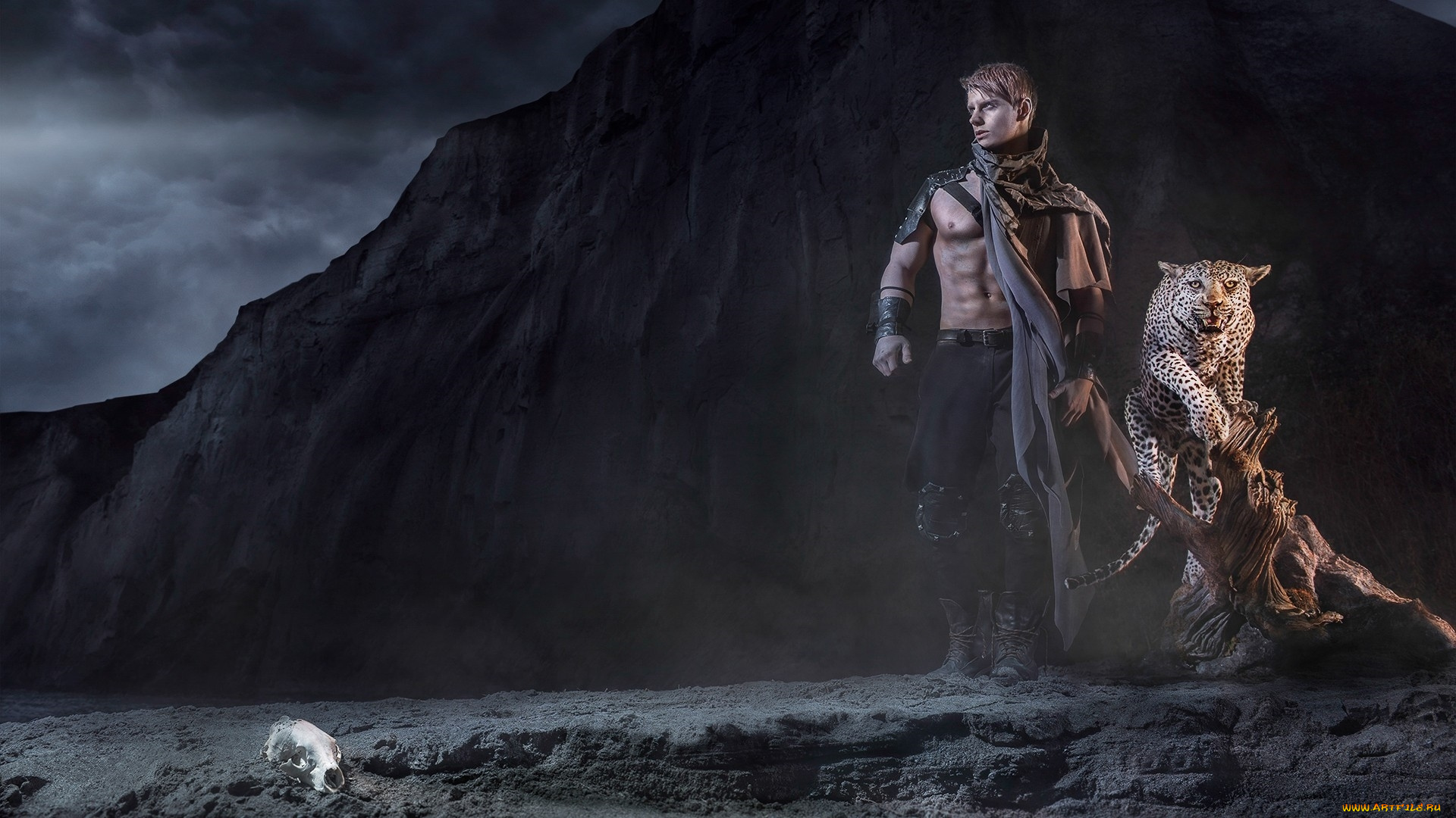 фэнтези, фотоарт, череп, леопард, торс, парень