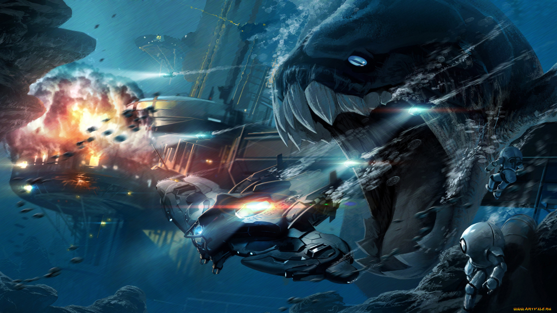 фэнтези, существа, мир, иной, подводная, база, чудовище, существо, глубина