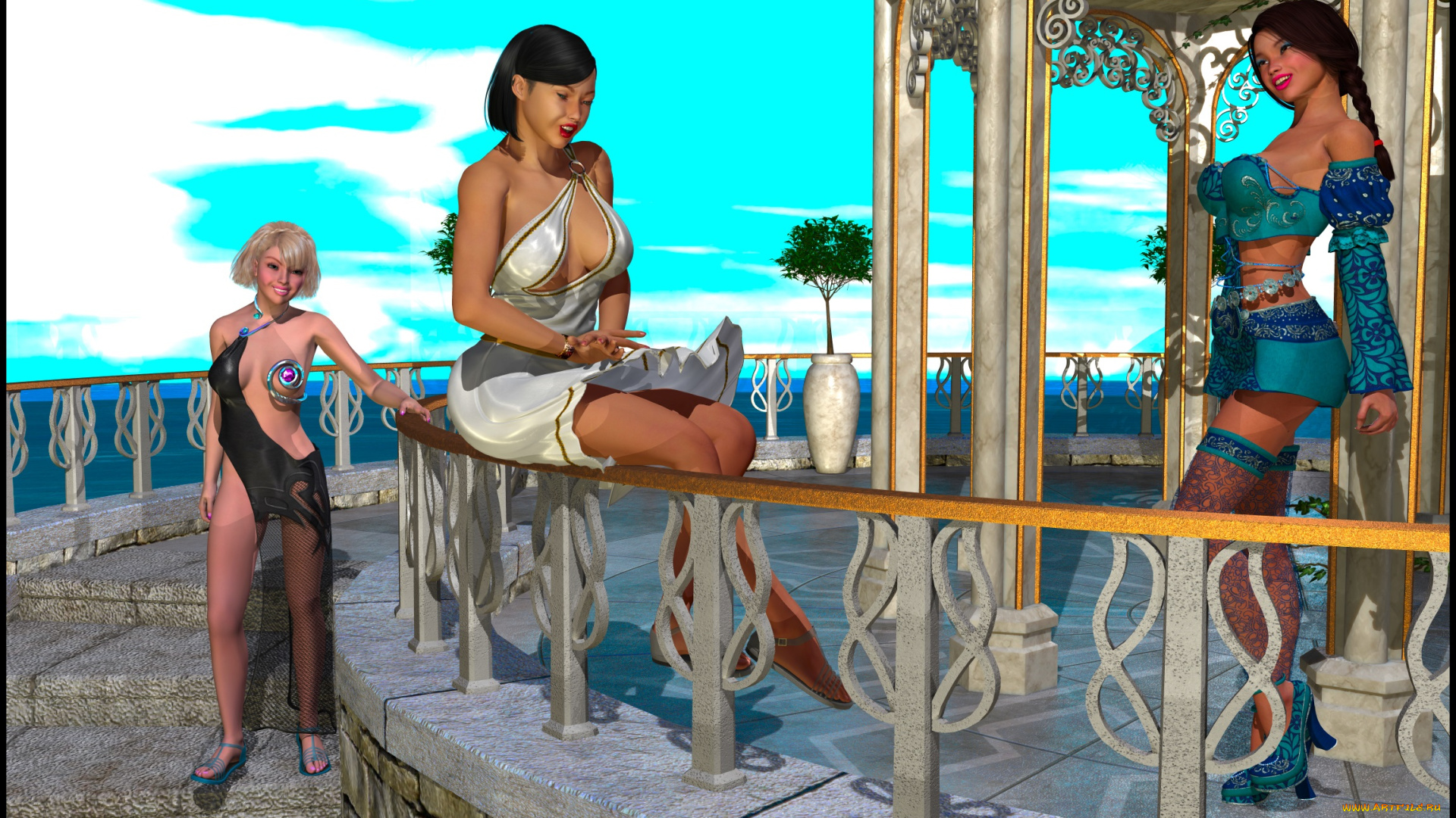 lordsnot, 3д, графика, фантазия, , fantasy, девушки, взгляд, фон, улыбки, балкон