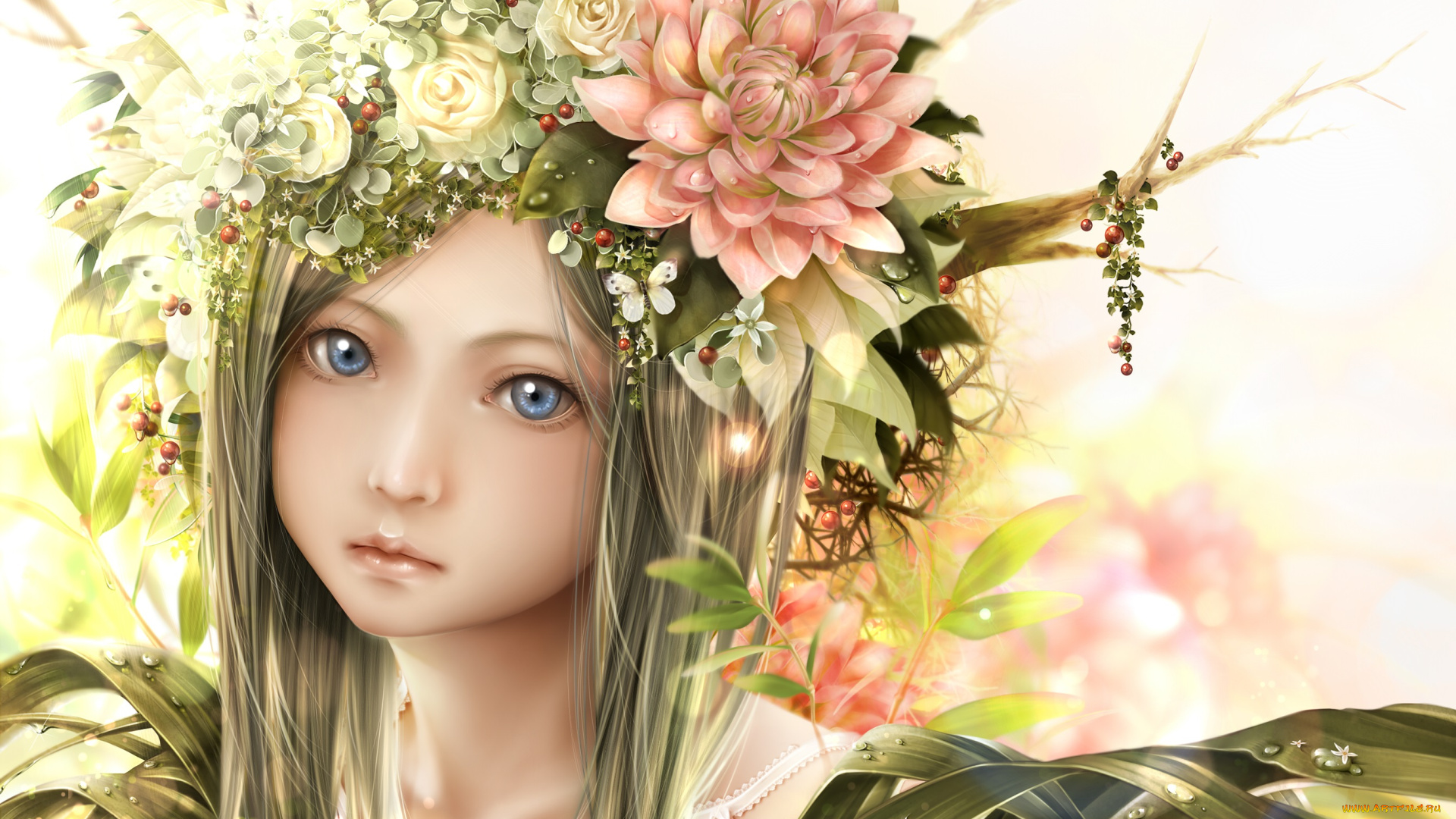 рисованное, дети, взгляд, портрет, девочка, венок, цветы, листья, bouno, satoshi, веточки, лицо