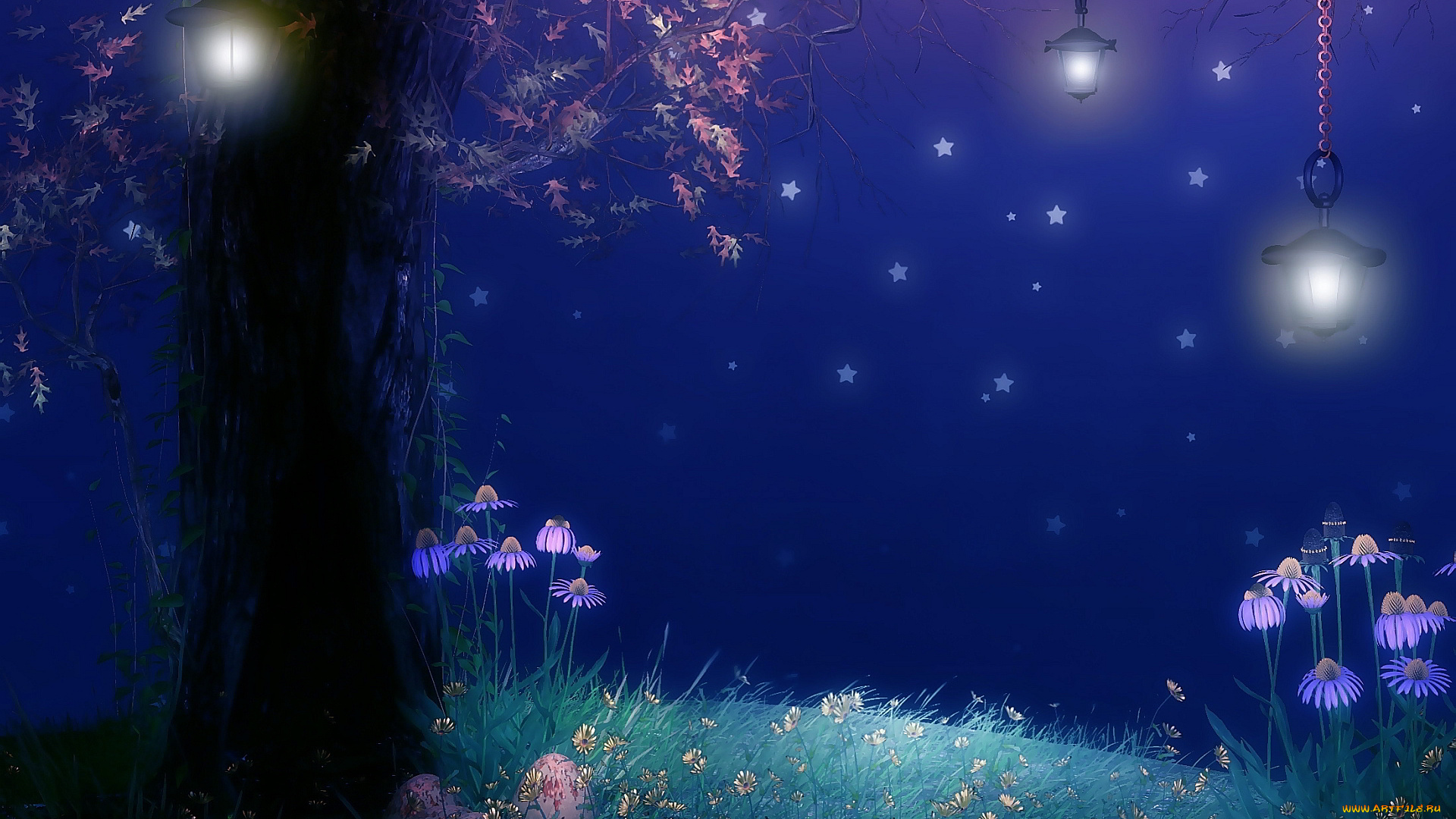 рисованное, природа, дерево, фонари, ночь, звезды, цветы