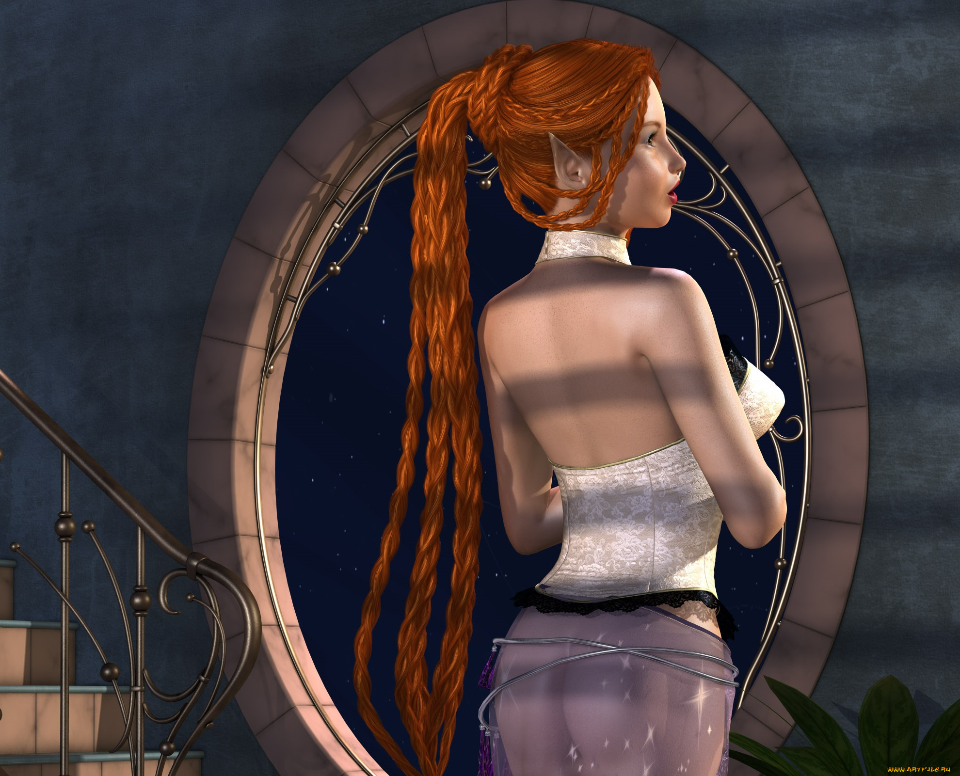 3д, графика, эльфы, , elves, взгляд, эльфийка, рыжая, фон