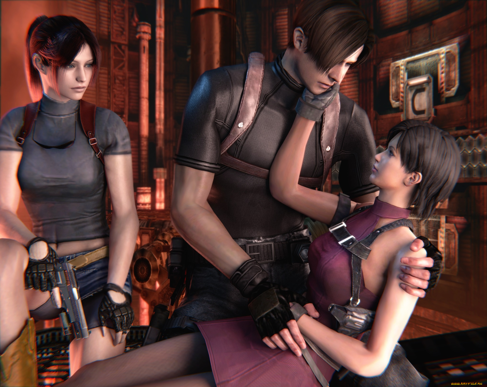 3д, графика, фантазия, , fantasy, взгляд, девушки, парень, оружие, фон