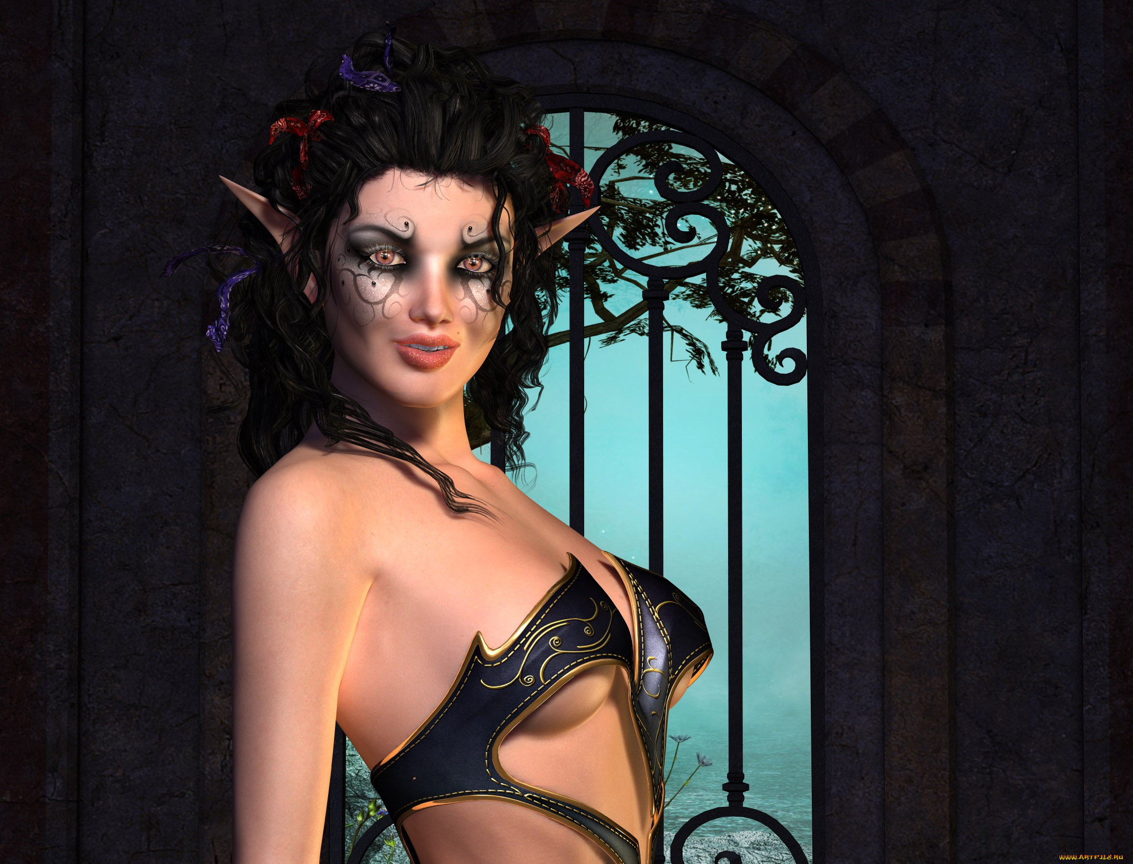 3д, графика, эльфы, , elves, фон, взгляд, эльфийка