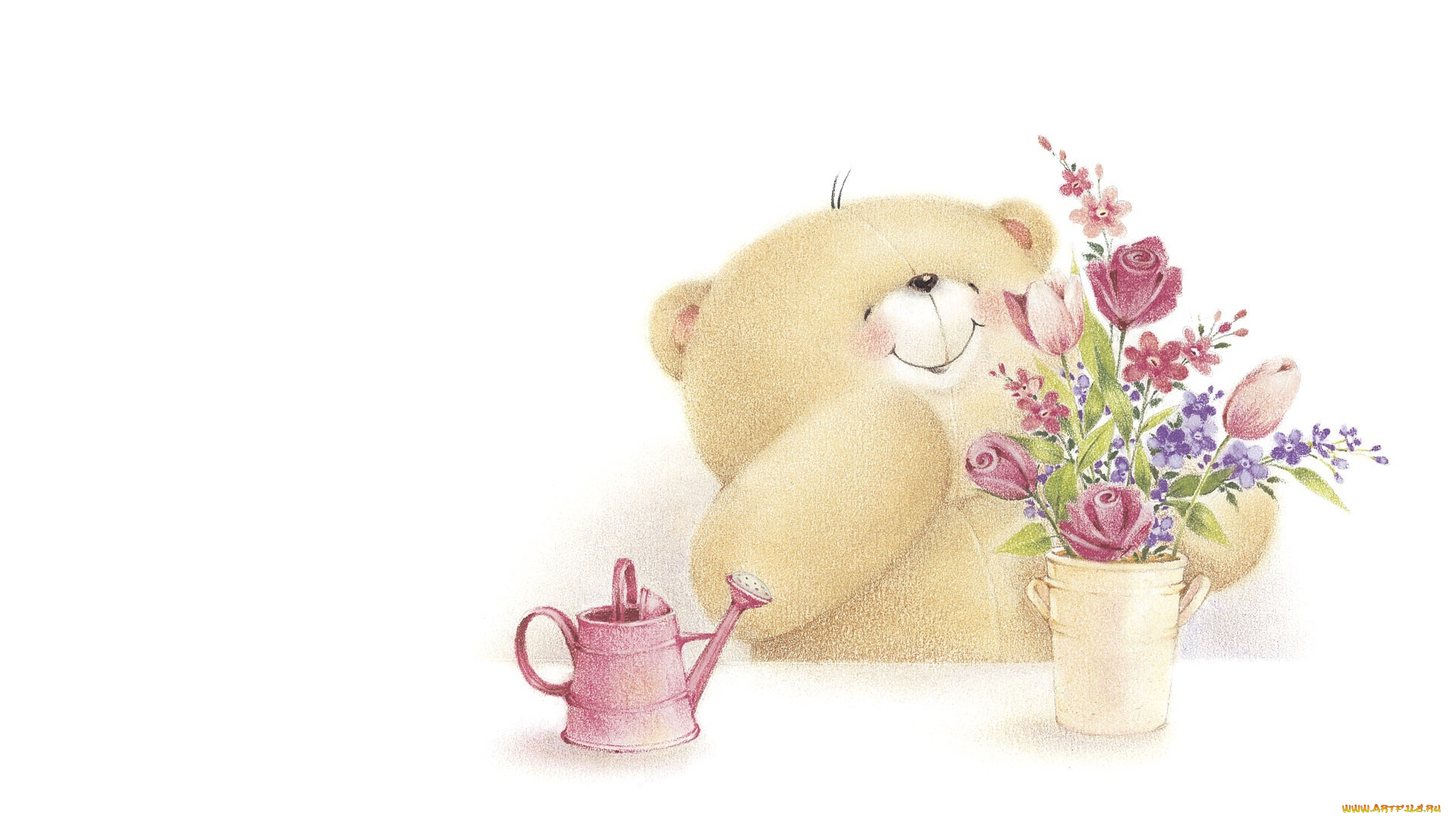 рисованное, мишки, тэдди, улыбка, мишка, букетик, арт, настроение