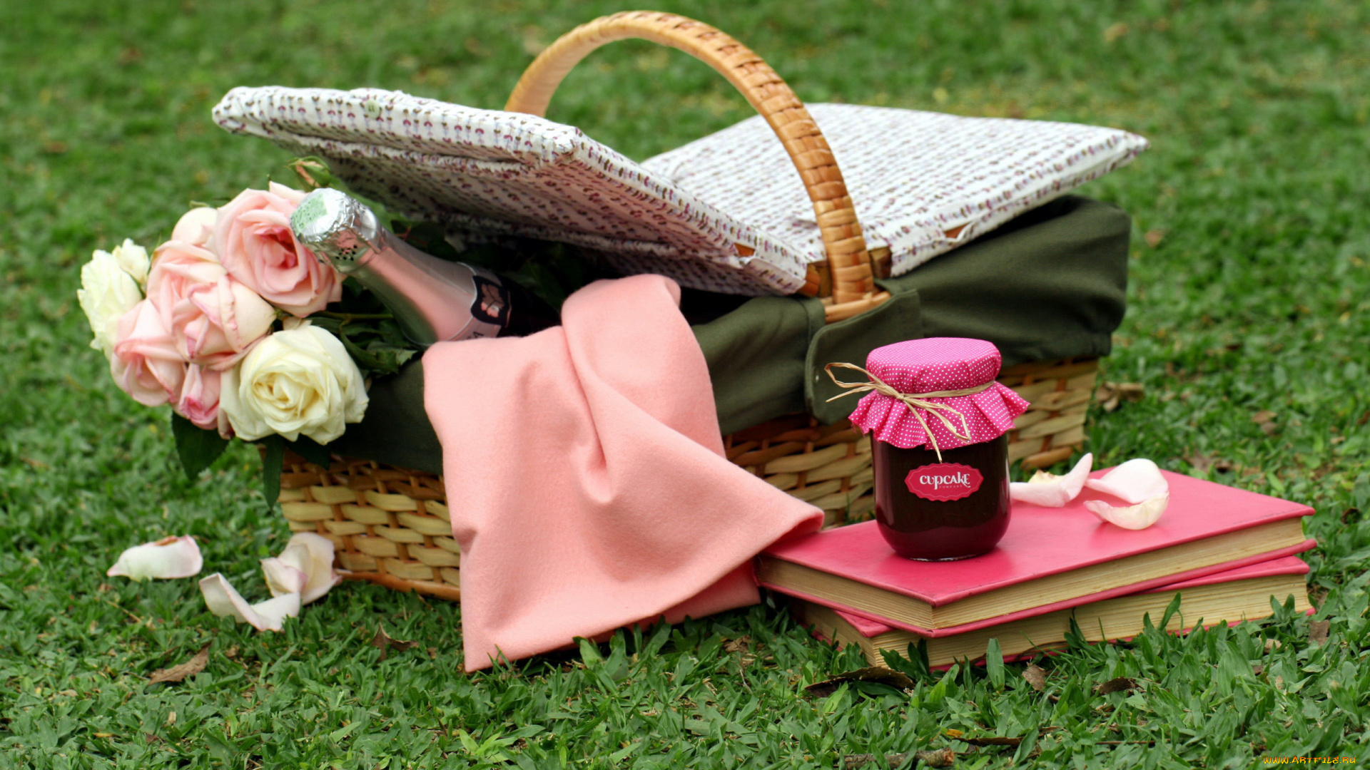 еда, разное, пикник, шампанское, варенье, лужайка, корзинка, книги