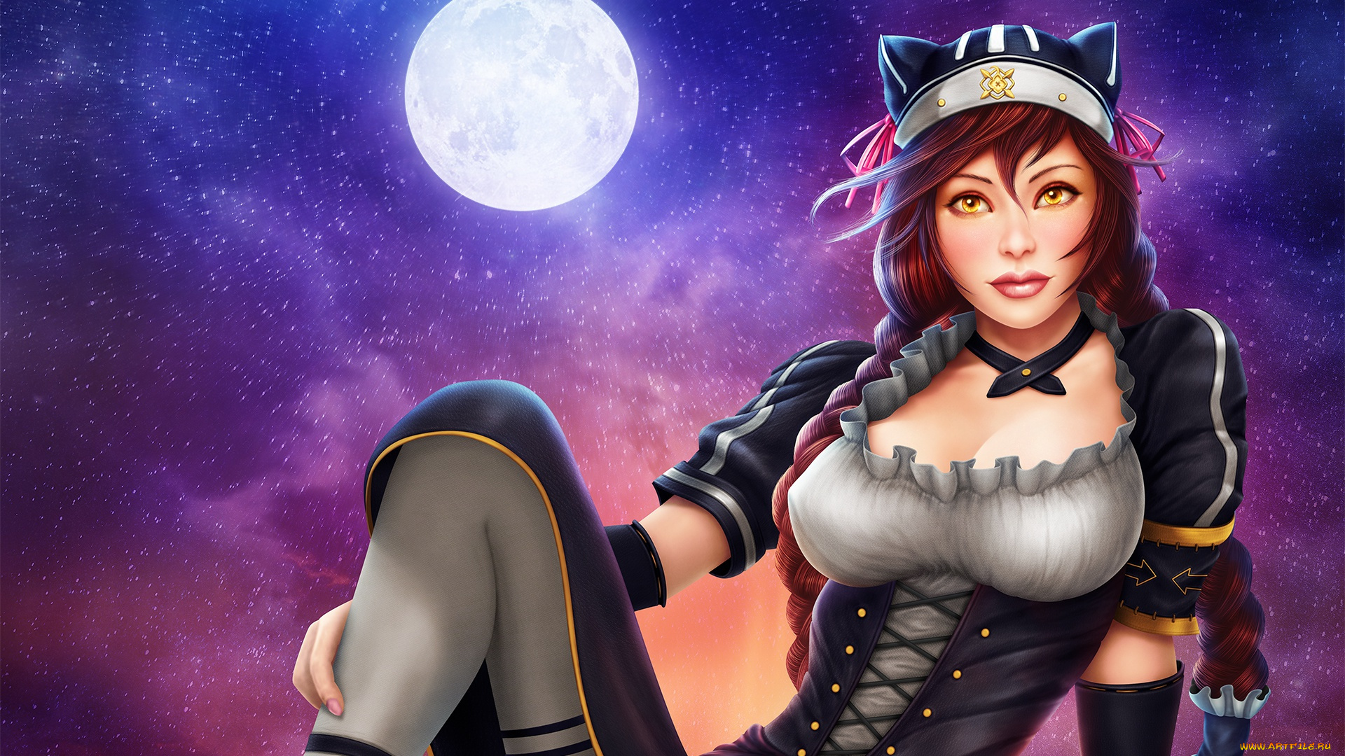 фэнтези, девушки, луна, полнолуние, ночь, девушка