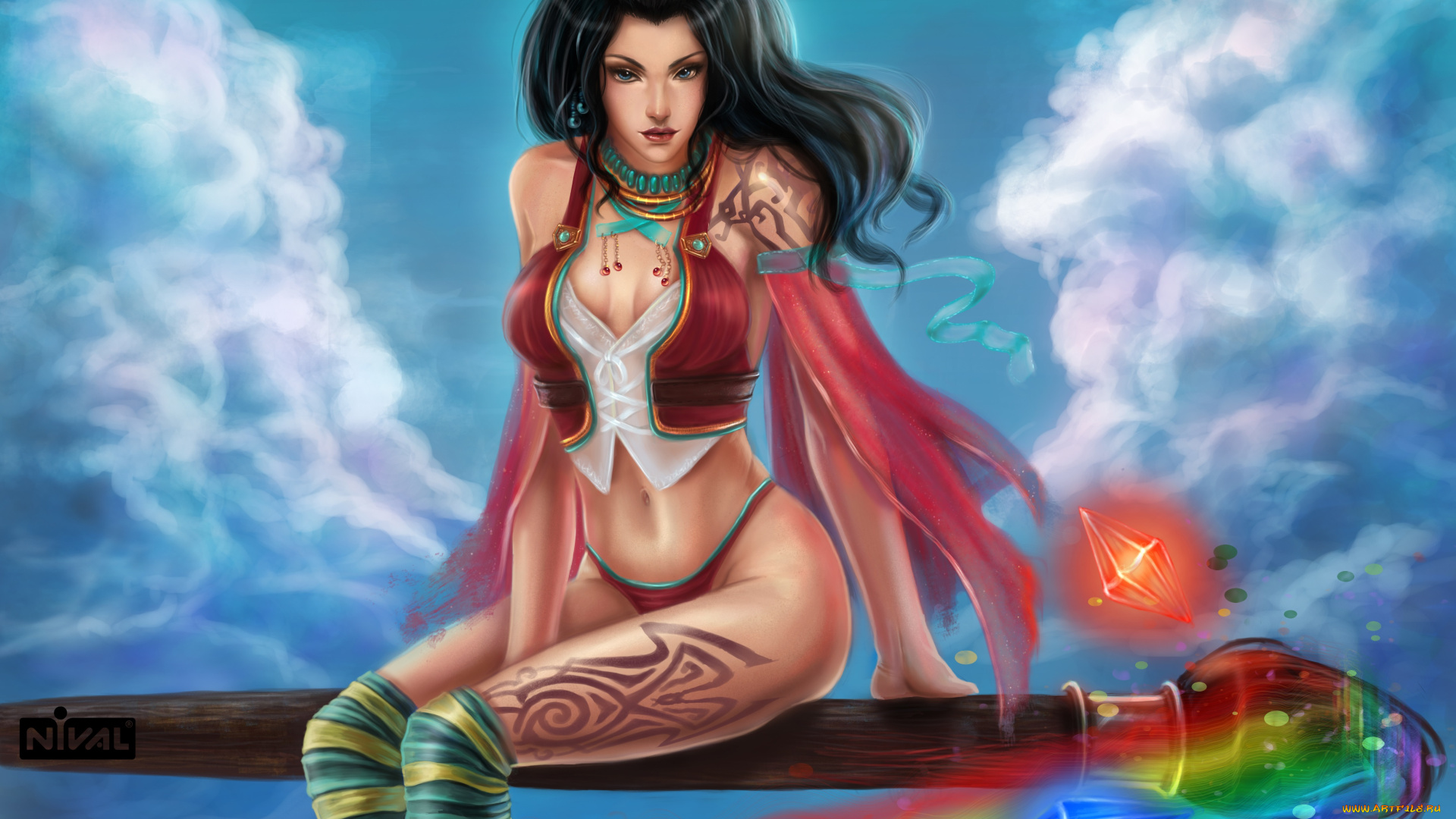 фэнтези, девушки, татуировки, облака, кристаллы, арт, посох, девушка, тату