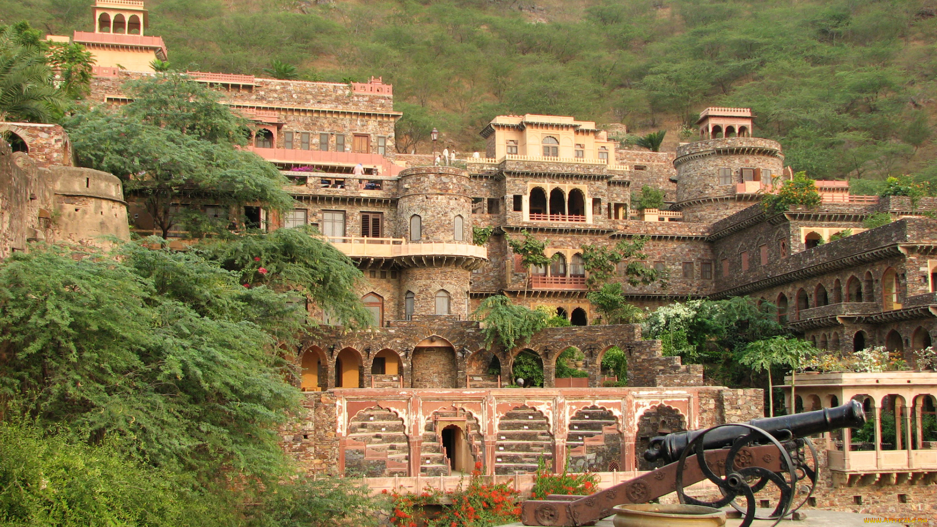 города, -, дворцы, , замки, , крепости, индия, neemrana, fort, крепость, пушка, дворец