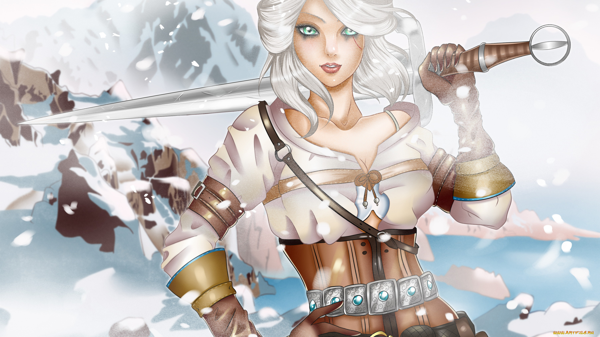 видео, игры, the, witcher, 3, , wild, hunt, девушка, фон, униформа, меч, взгляд