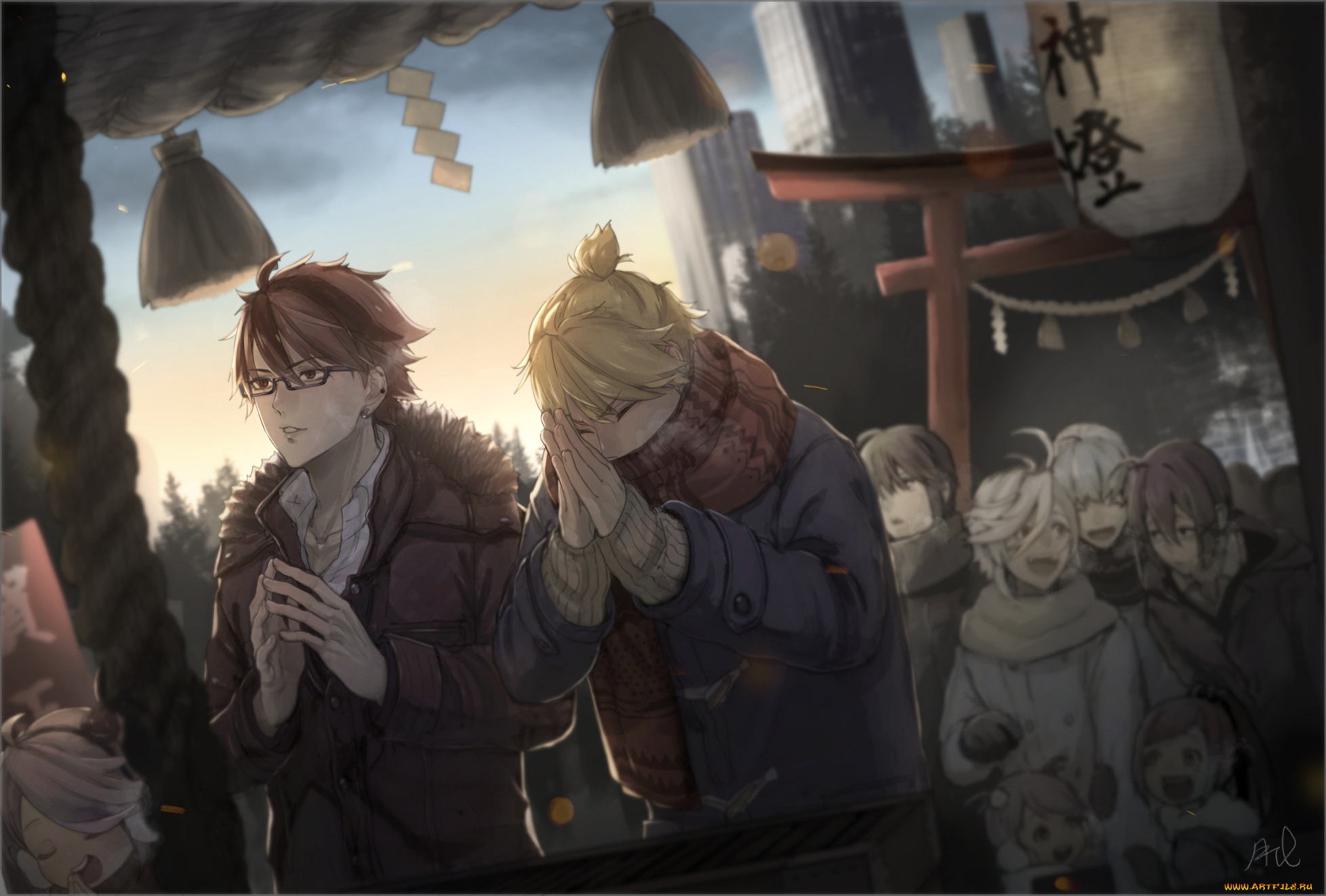 аниме, город, , улицы, , здания, парни