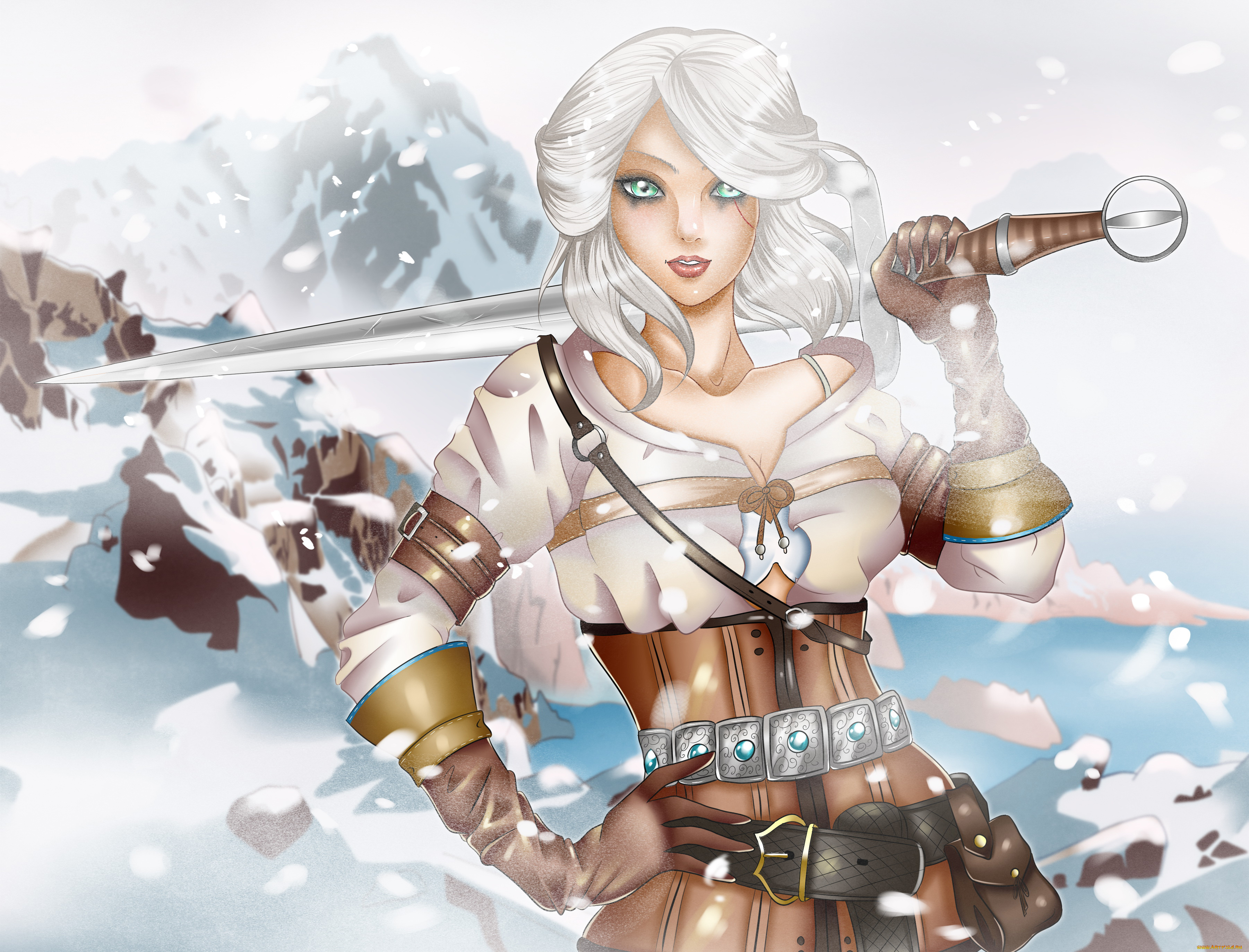 видео, игры, the, witcher, 3, , wild, hunt, девушка, фон, униформа, меч, взгляд