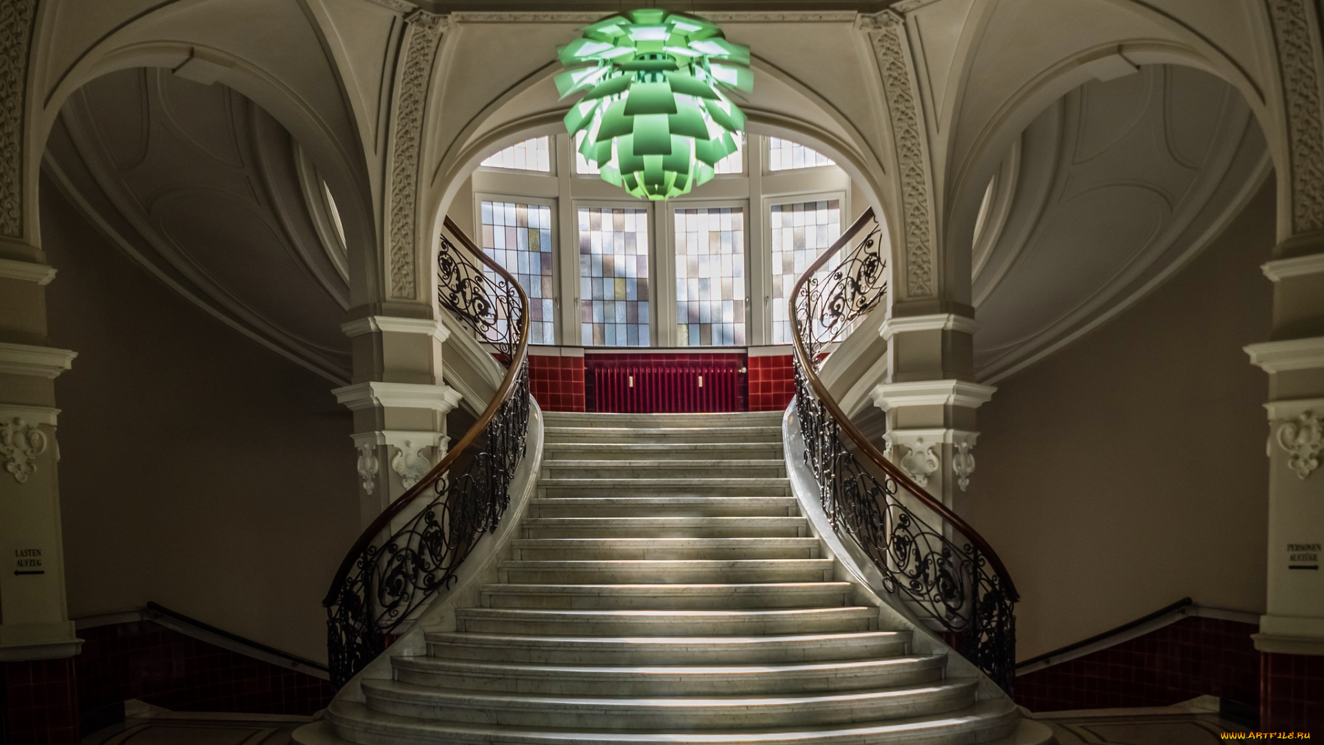интерьер, -, другое, здание, лестница, люстра, перила, окно, ступени
