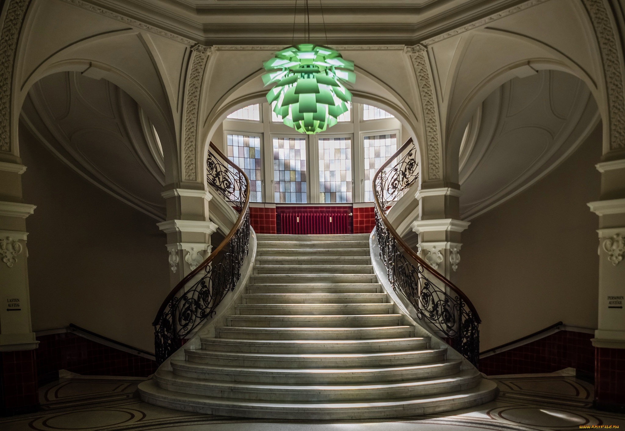 интерьер, -, другое, здание, лестница, люстра, перила, окно, ступени