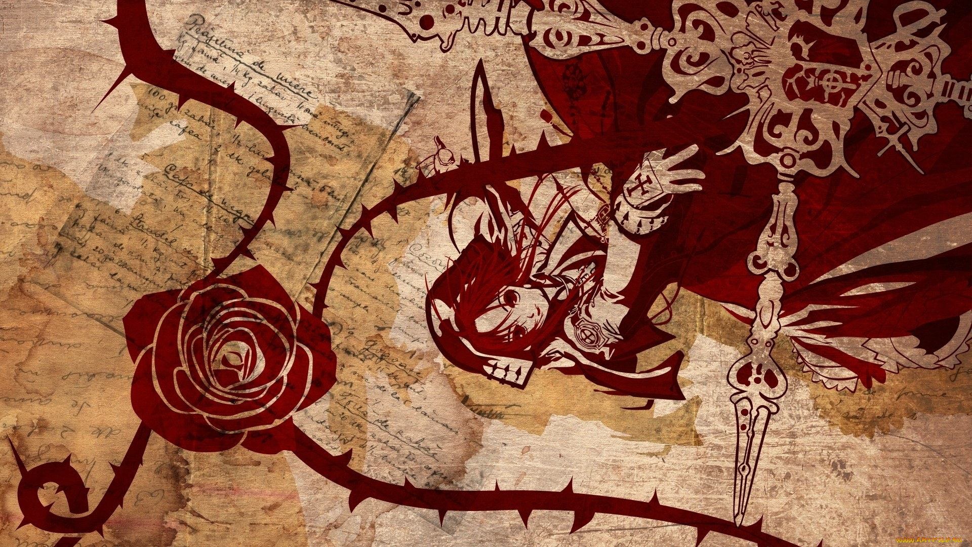 аниме, trinity, blood, оружие, девушка, роза, бумаги