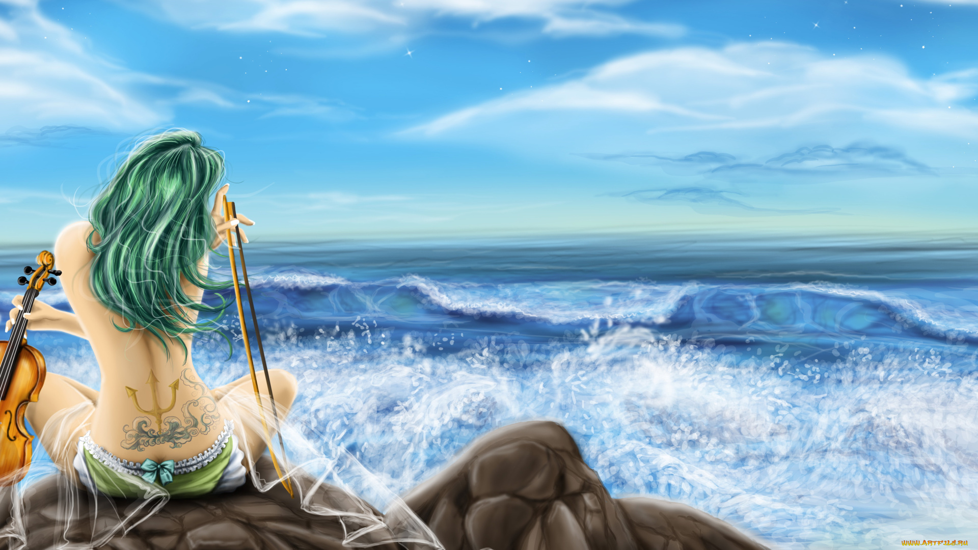 фэнтези, девушки, девушка, смычок, скрипка, океан, тату, фон