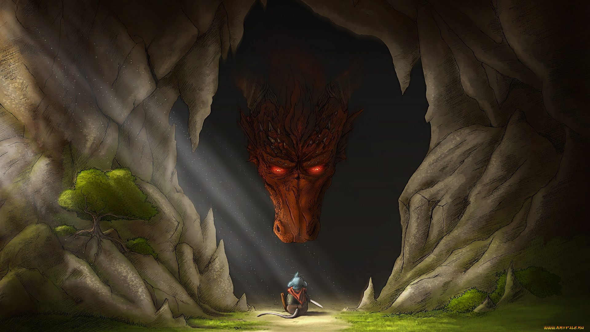 фэнтези, драконы, мышь, рыцарь, пещера, дракон