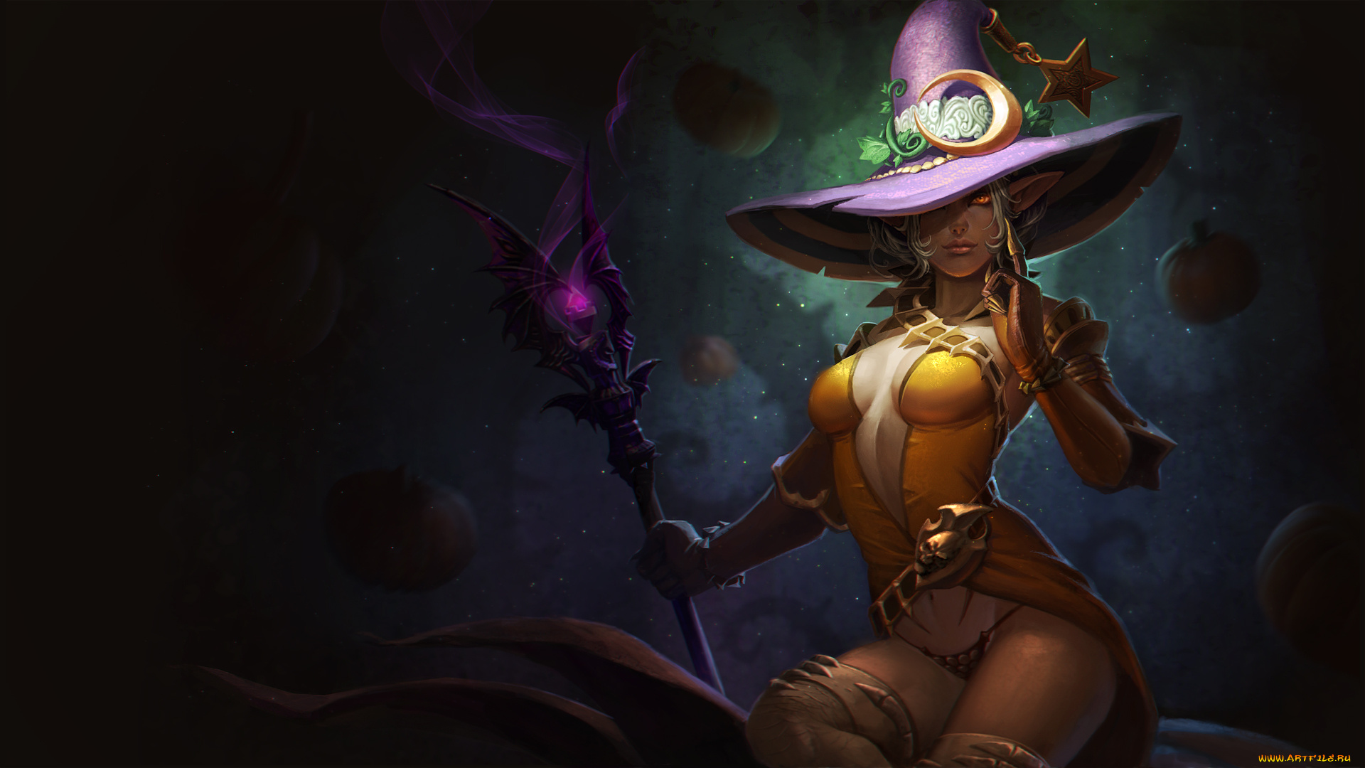 фэнтези, эльфы, эльф, шляпа, посох, взгляд, фон, девушка