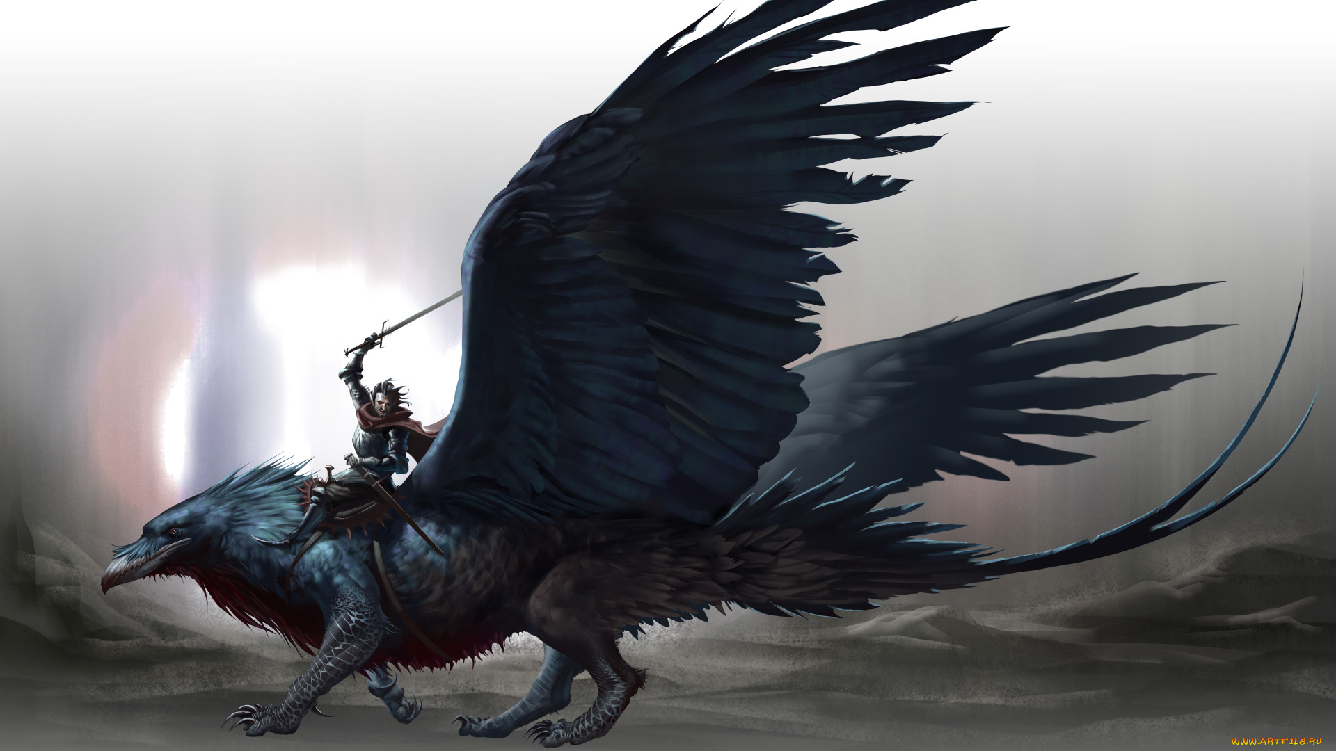 фэнтези, существа, меч, мужчина, фон, птица, существо