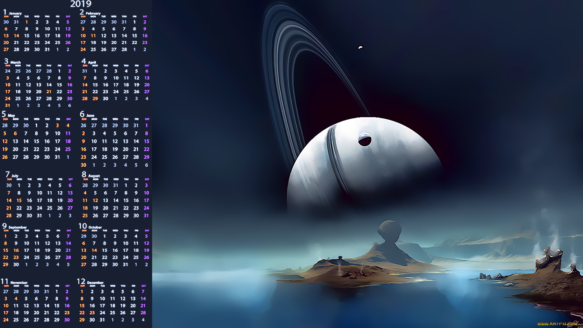 календари, 3д-графика, водоем, планета