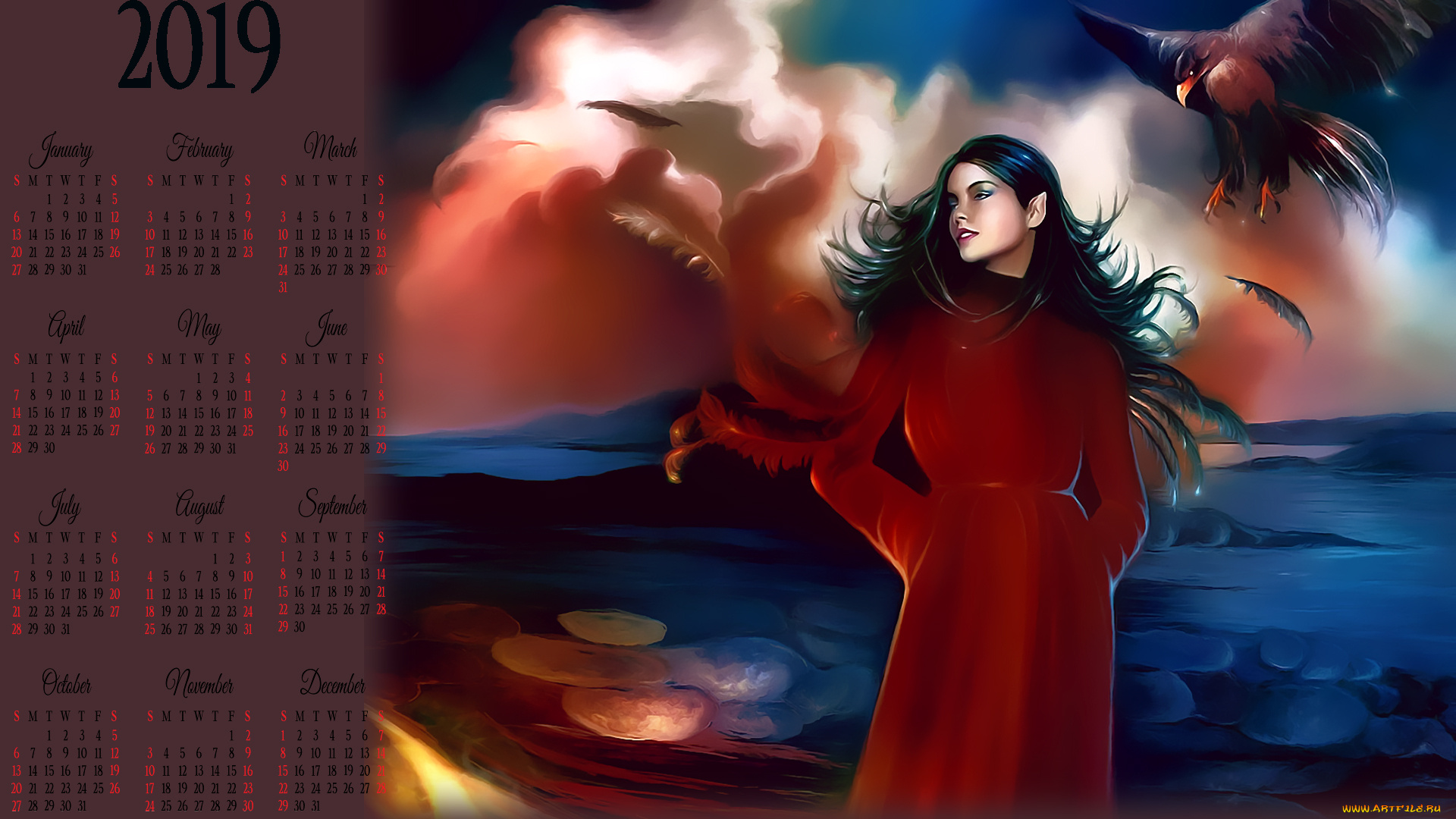 календари, фэнтези, птица, девушка