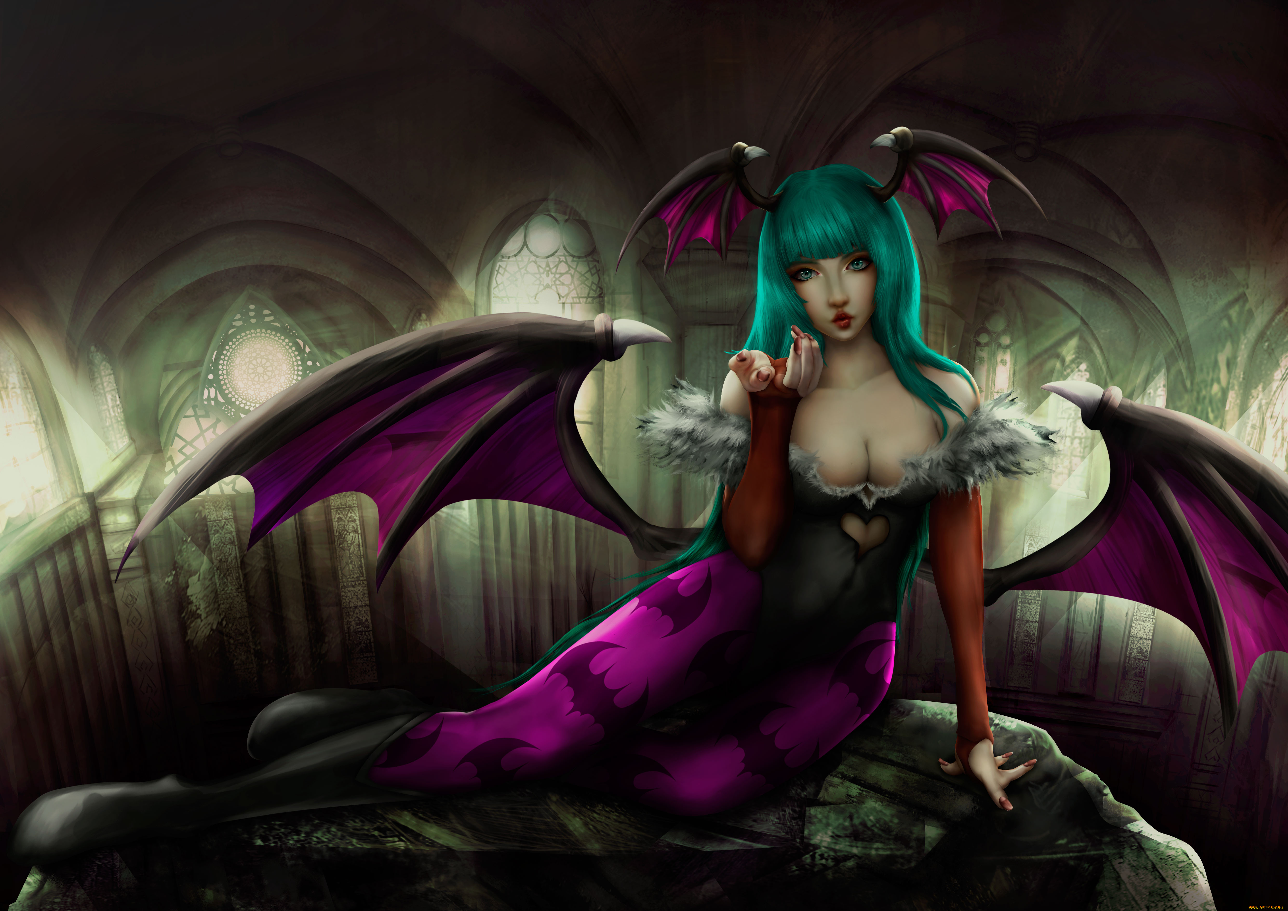 darkstalkers, аниме, взгляд, фон, девушка, крылья