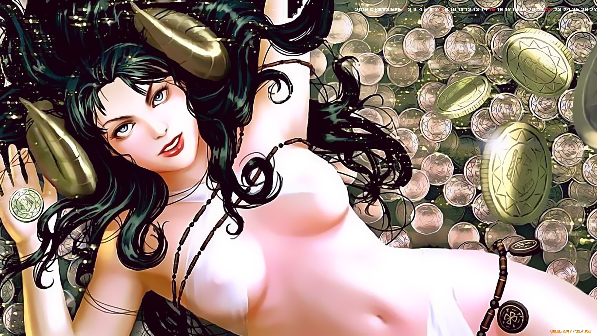 календари, фэнтези, 2019, calendar, деньги, женщина, взгляд, монета, девушка