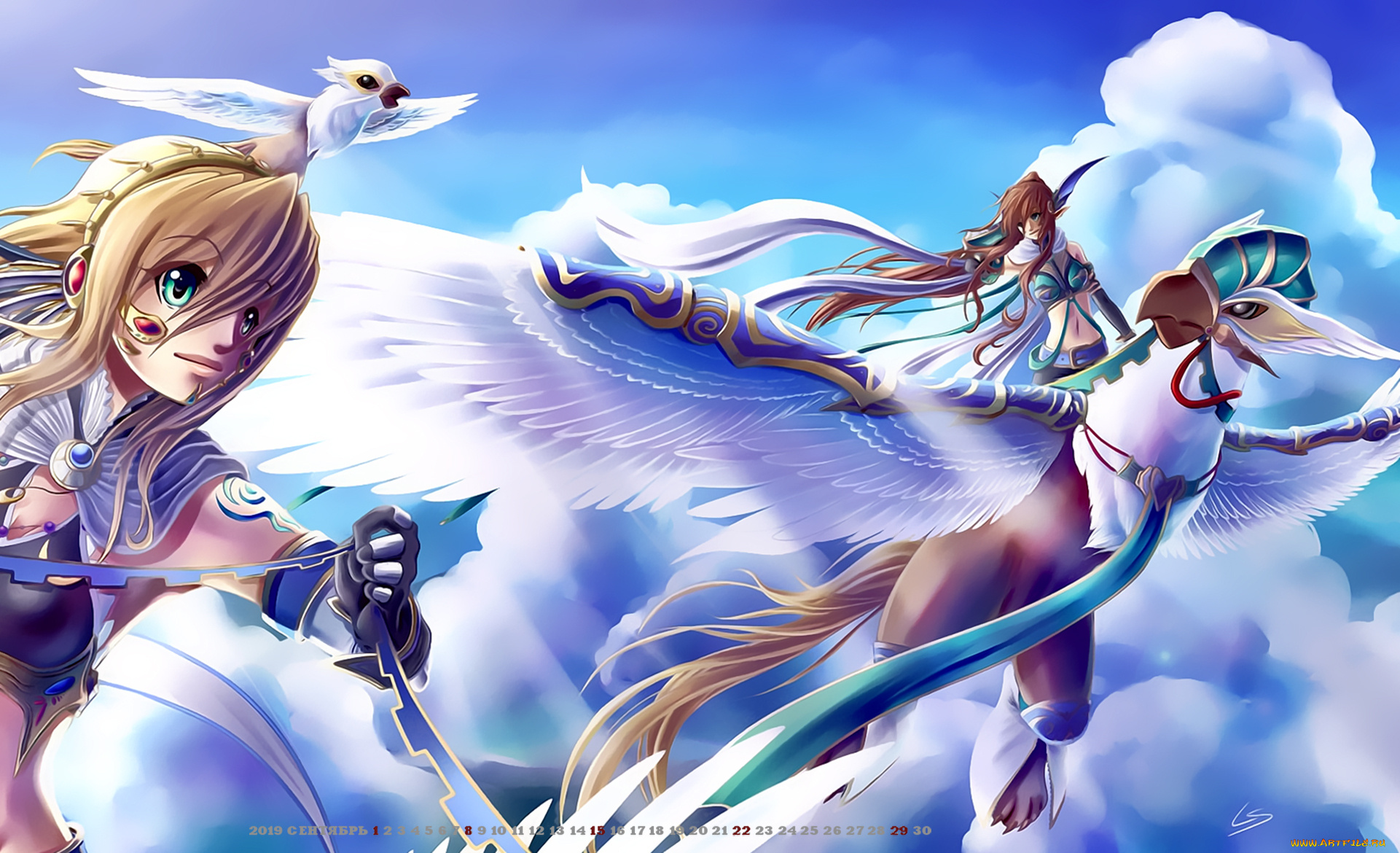 календари, аниме, девушка, крылья, существо, 2019, calendar, птица, полет