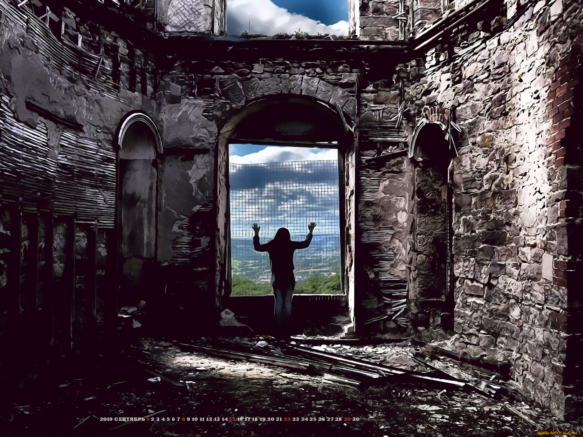 календари, фэнтези, развалины, calendar, 2019, девушка, здание