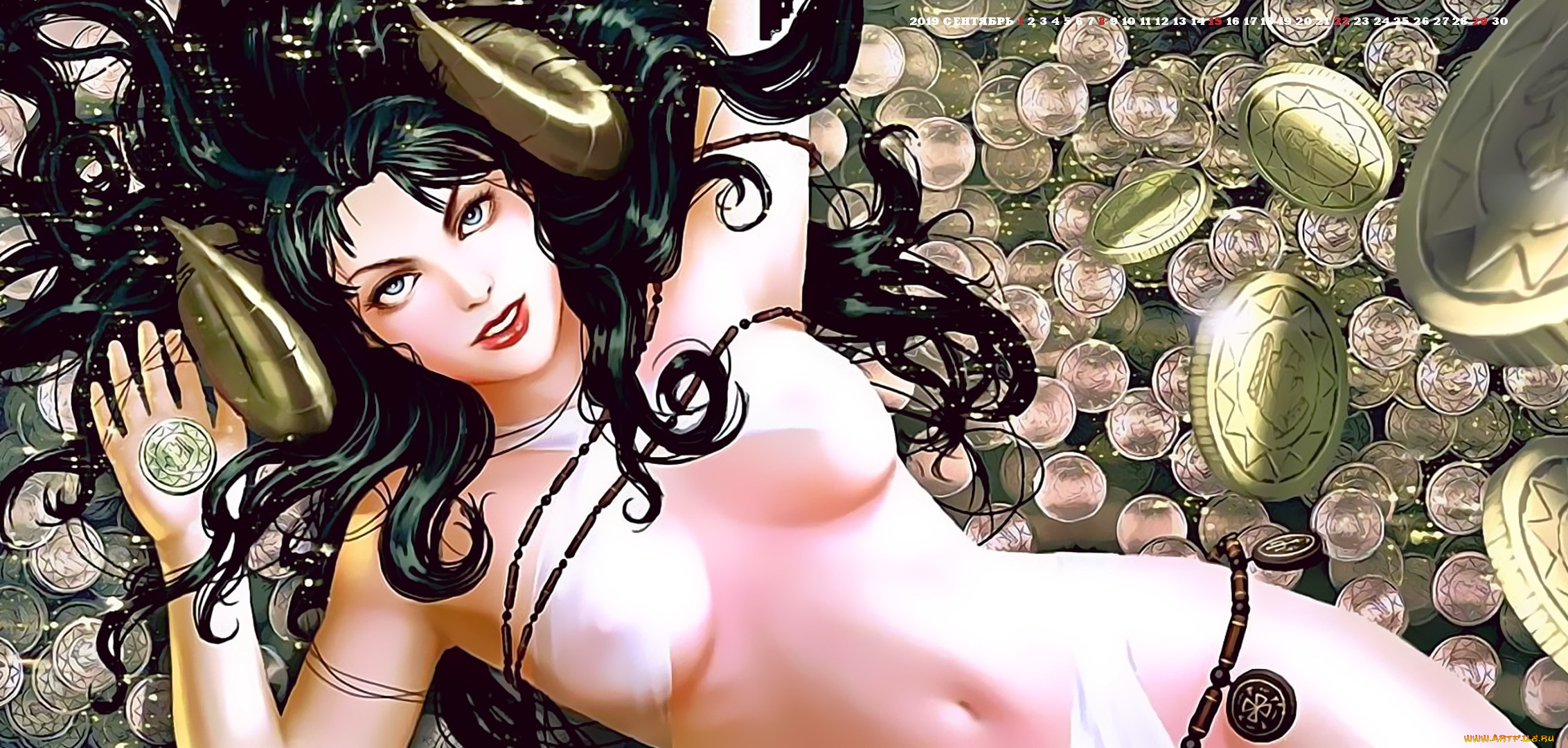 календари, фэнтези, 2019, calendar, деньги, женщина, взгляд, монета, девушка