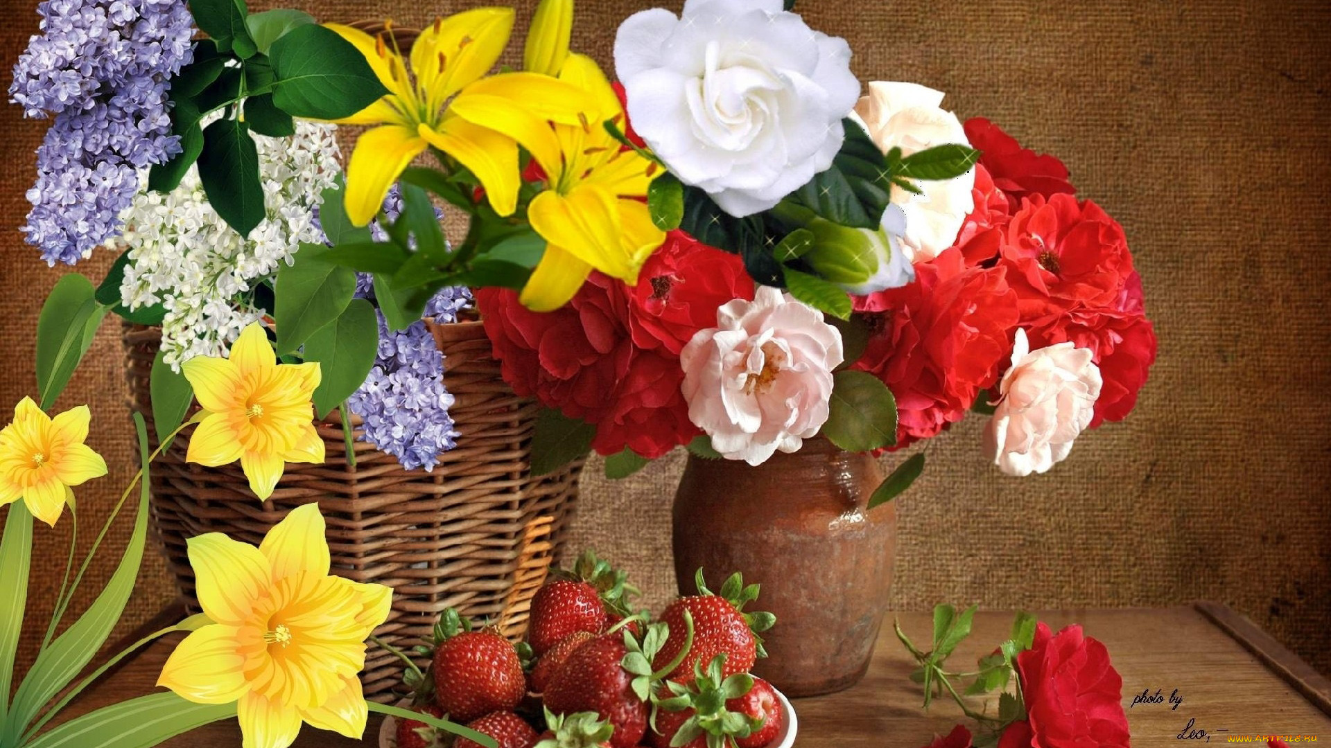 еда, клубника, , земляника, корзина, букет, розы, лилии