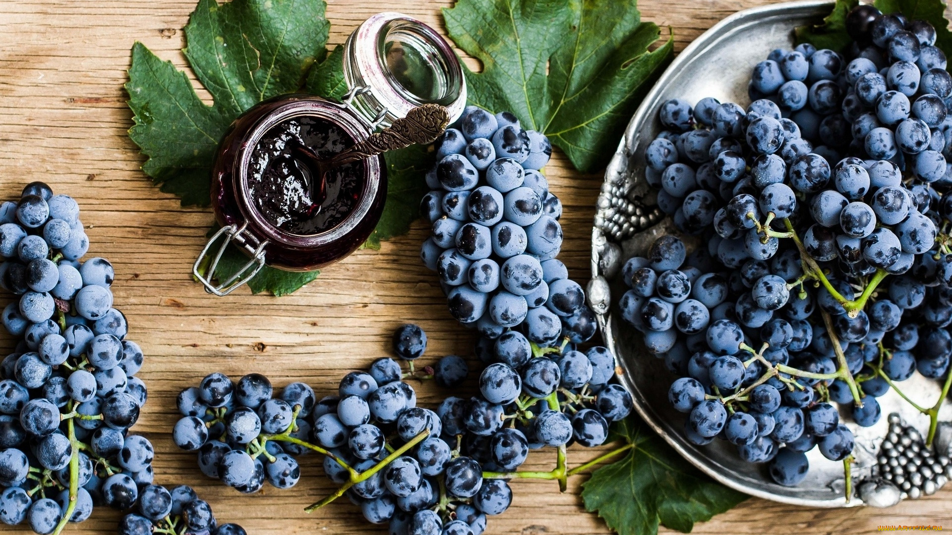 еда, виноград, миска, листья, джем