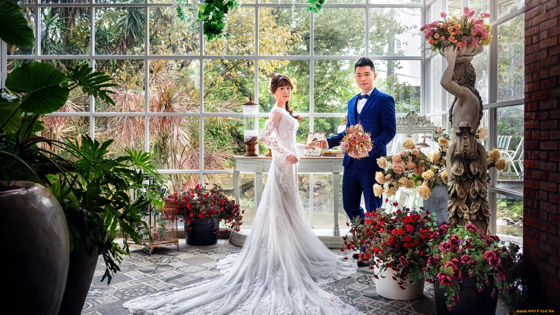 разное, мужчина, женщина, оранжерея, цветы, новобрачные, азиаты