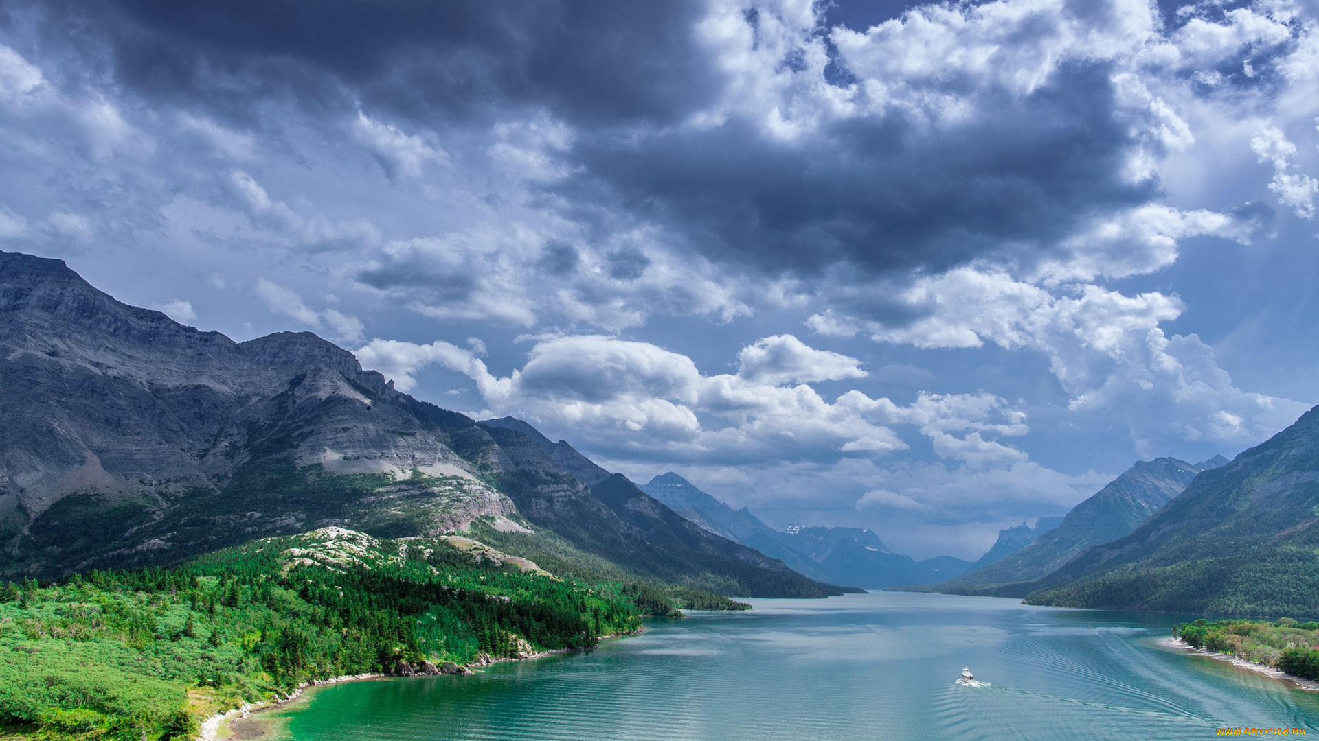 природа, пейзажи, лес, небо, облака, горы, канада, alberta, waterton, lakes, national, park