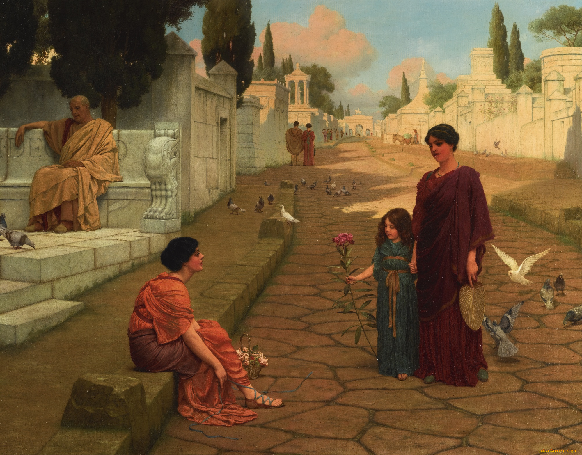 за, воротами, помпеи, рисованное, john, william, godward, люди, город, дорога