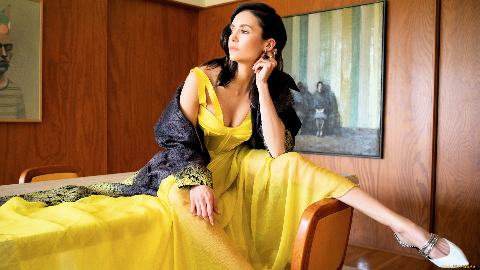 девушки, nina, dobrev, актриса, брюнетка, платье, стол, картины