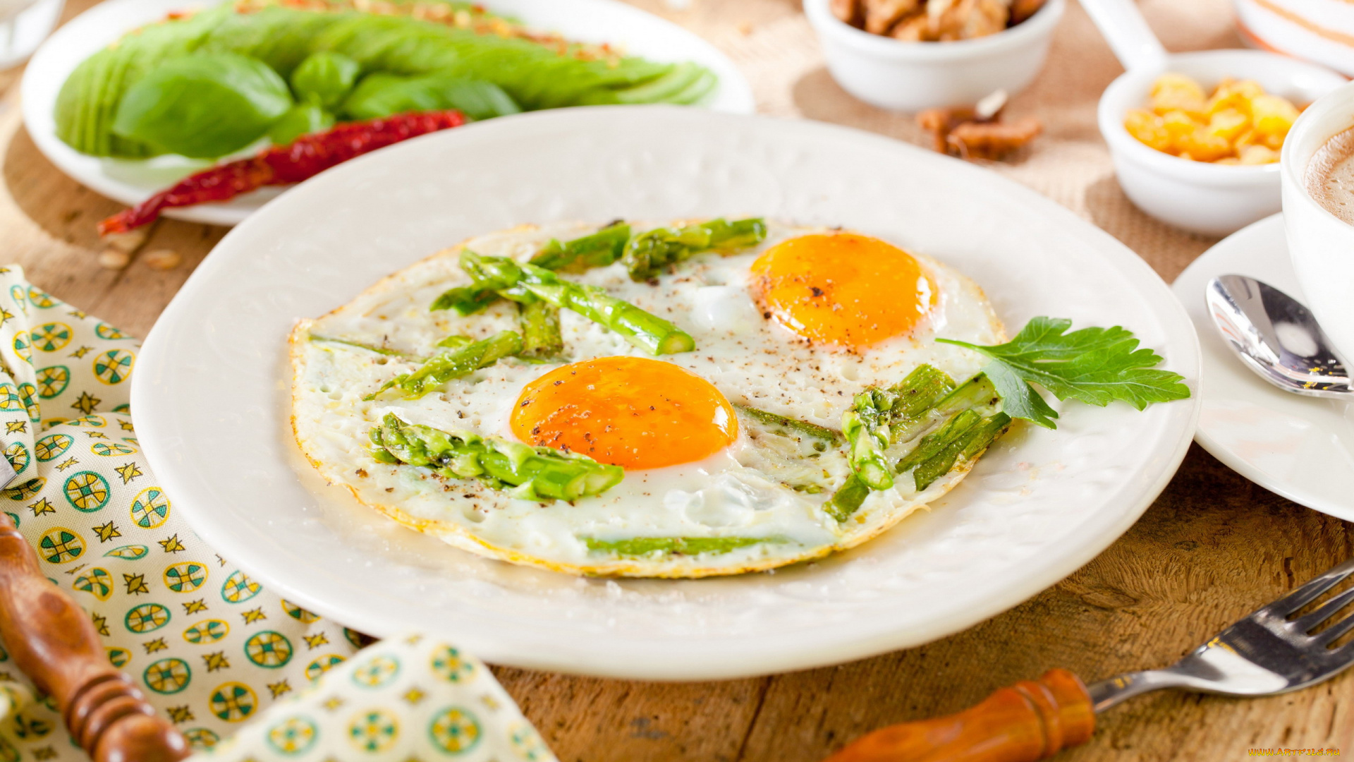 еда, яичные, блюда, глазунья, яичница, спаржа